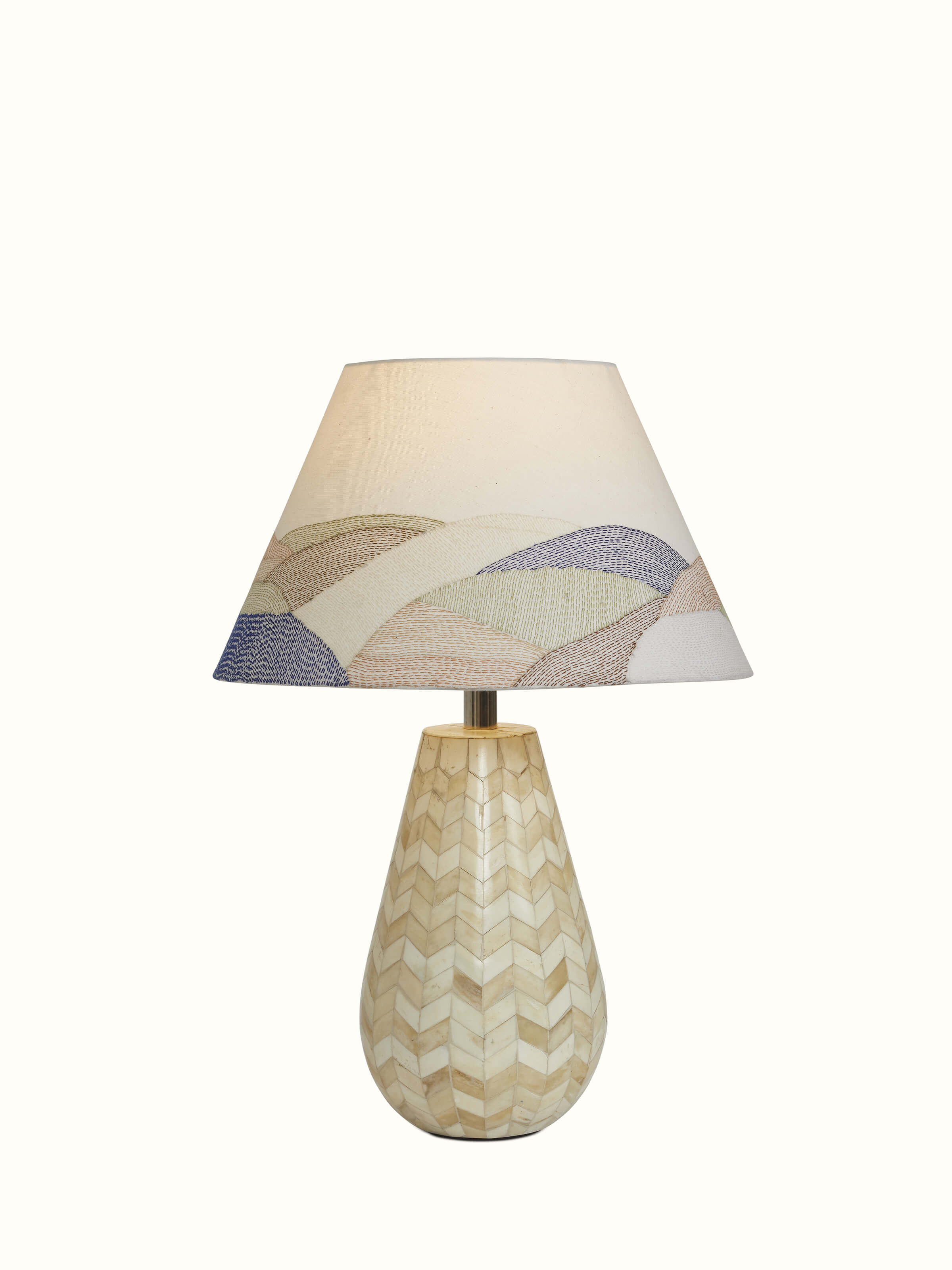 Close-up view of Sujani embroidered cotton lampshade in large white color, focusing on the fabric texture.