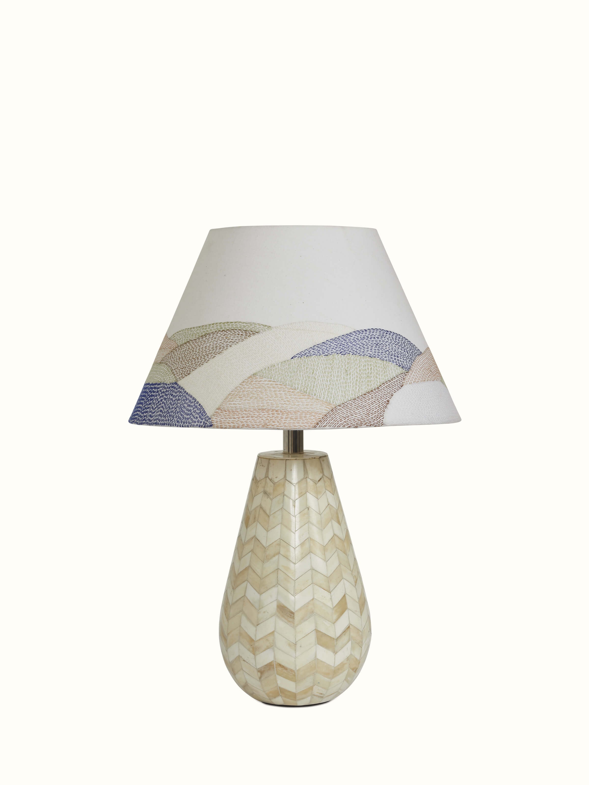 Front view of Sujani embroidered cotton lampshade in large white color, showcasing the embroidery details.