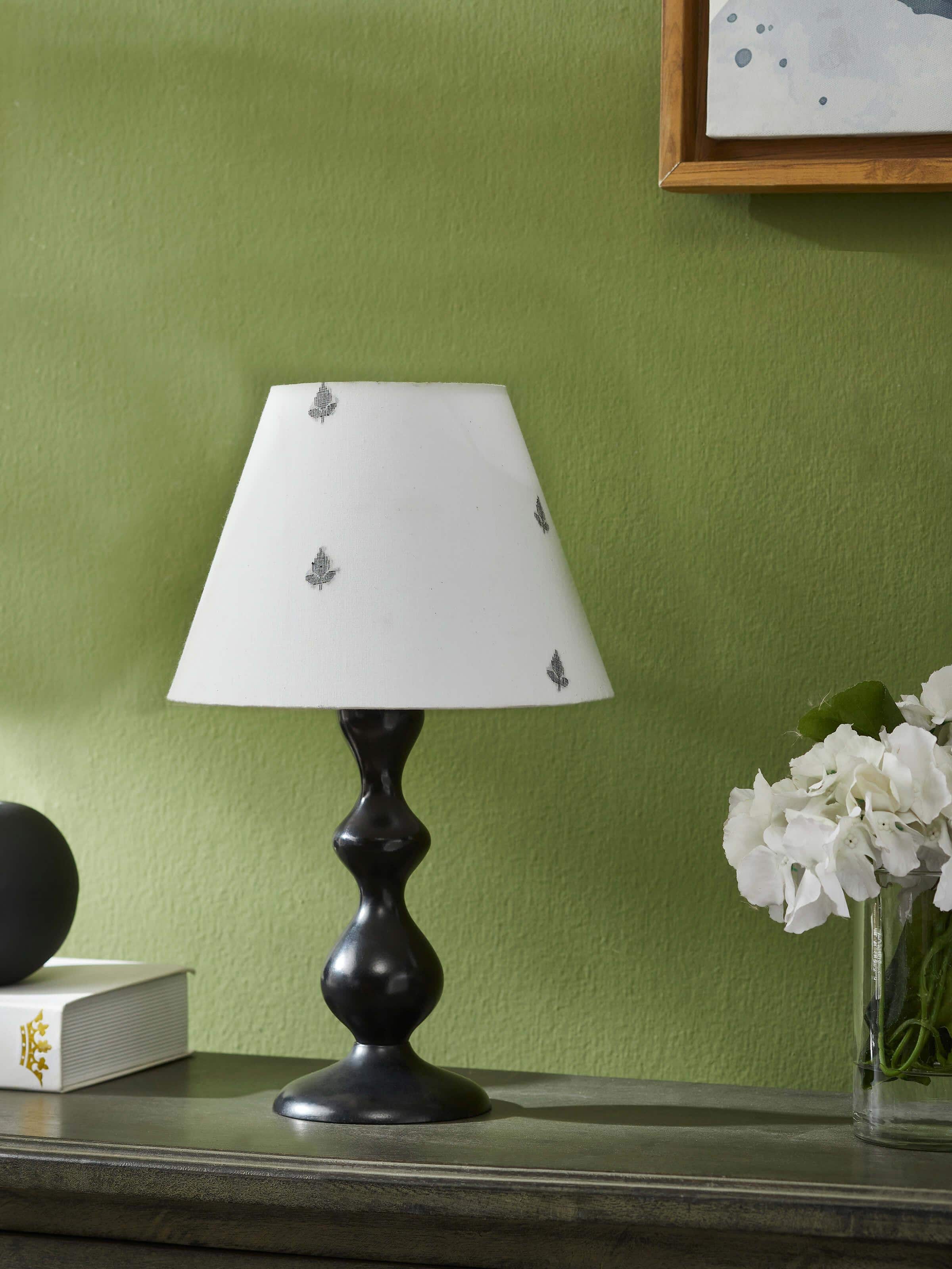 Side view of Jamdani cotton lampshade displaying its intricate weaving and soft white color