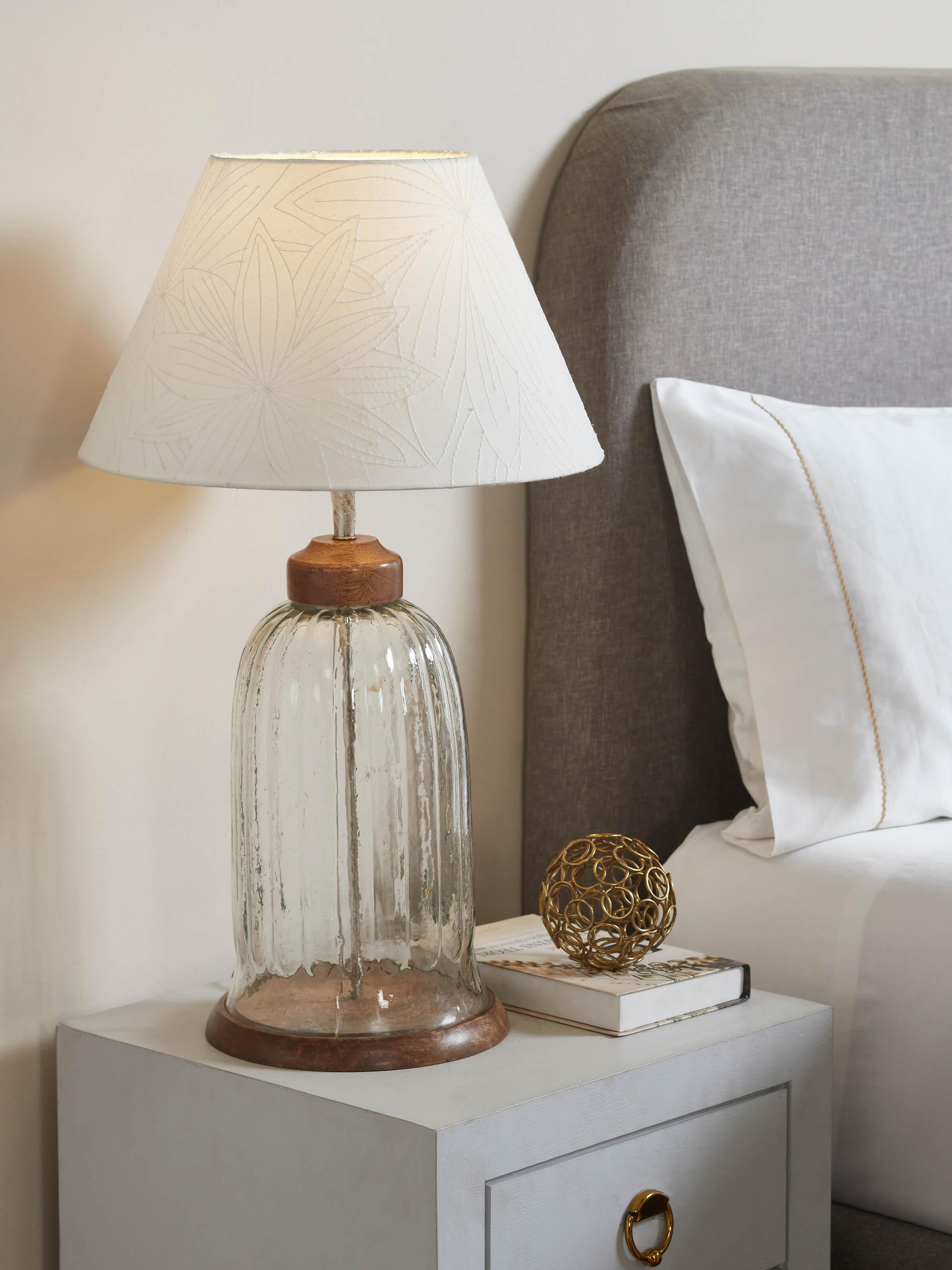 Side view of Sujani Embroidered Simple Cotton Lampshade Short White Color showcasing the embroidery details.