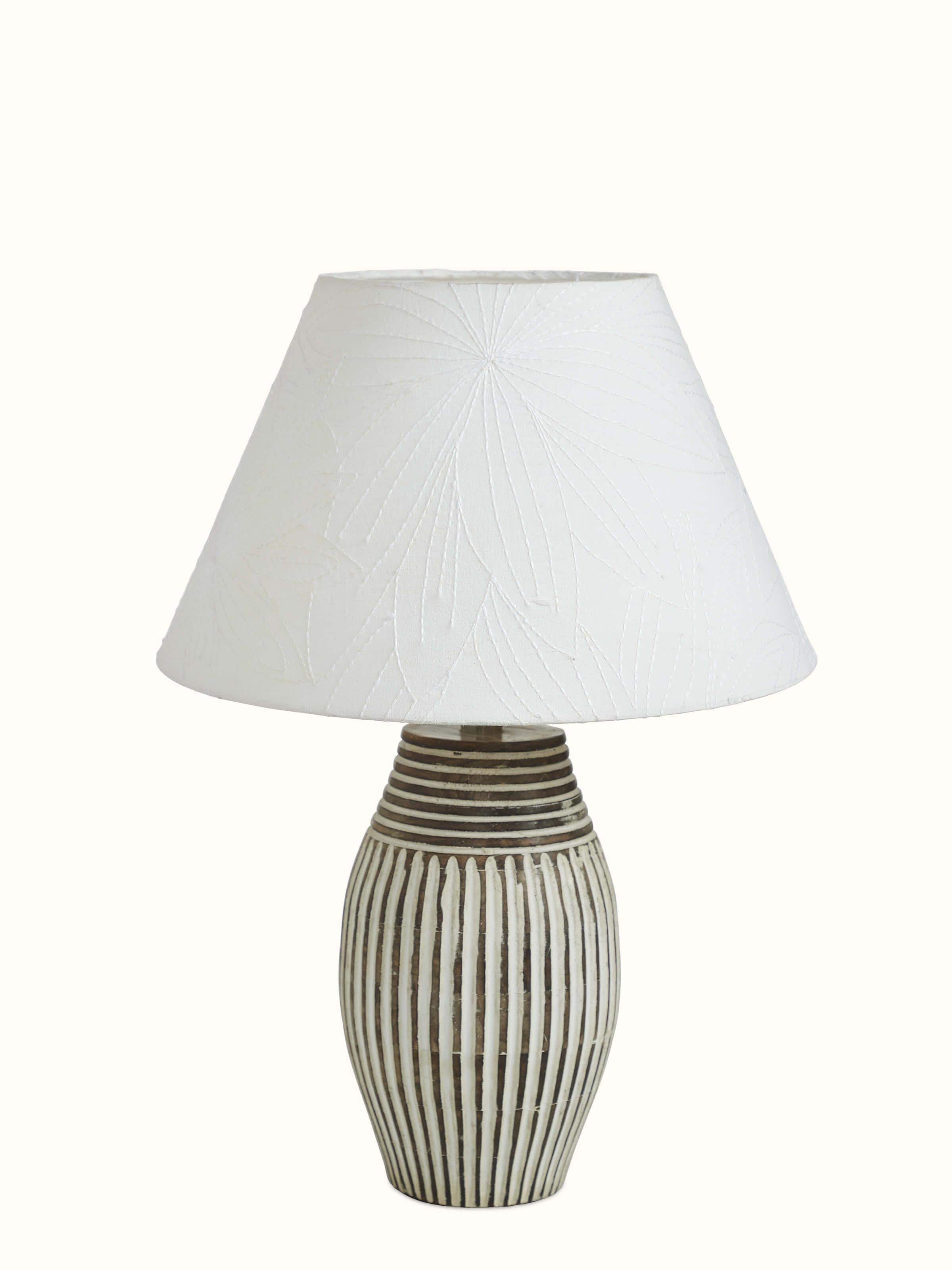 Top view of Sujani Embroidered Simple Cotton Lampshade Short White Color with detailed stitching patterns.
