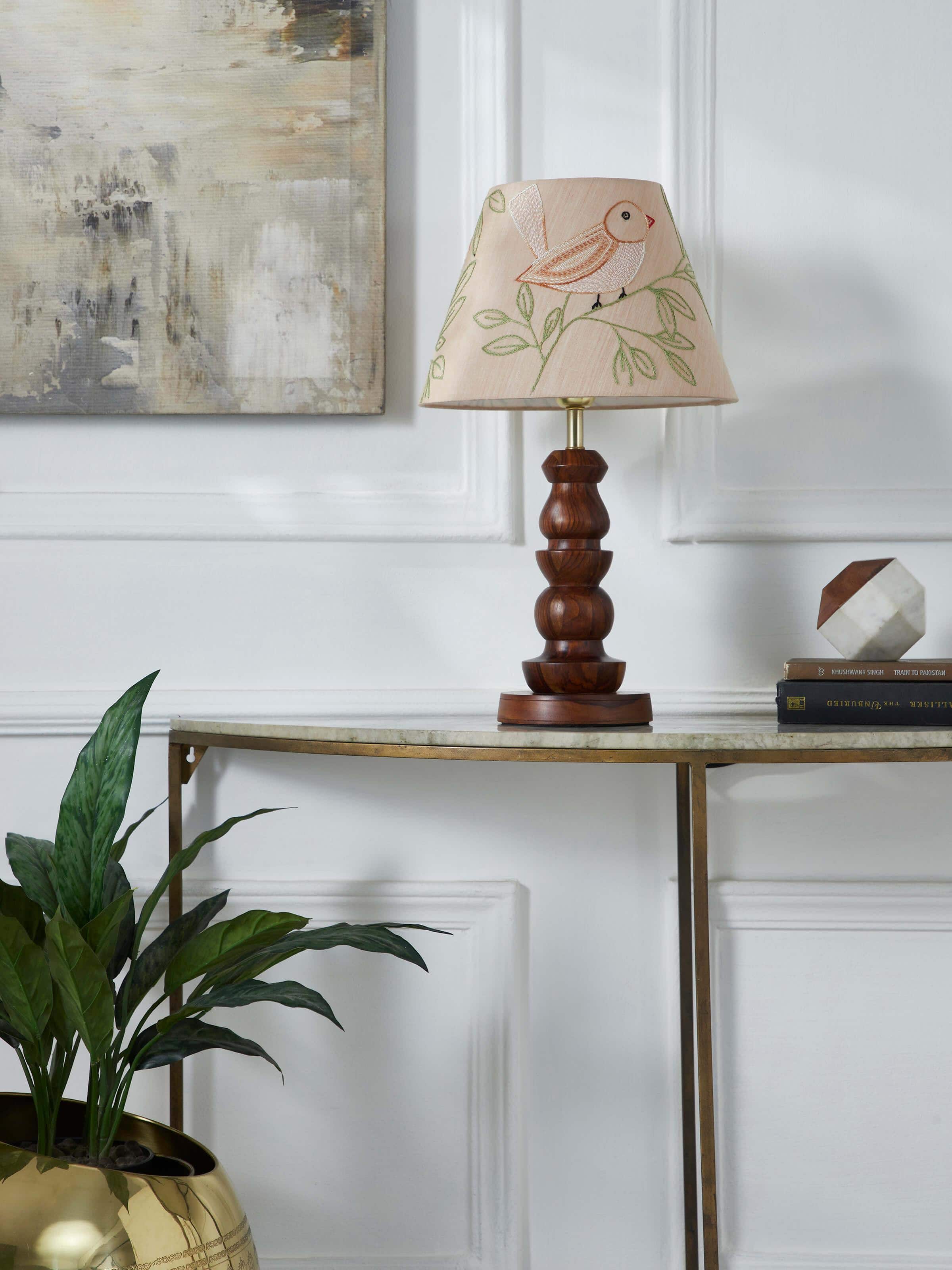 Side view of Sujani embroidered cotton lampshade large beige color showcasing detailed embroidery and texture