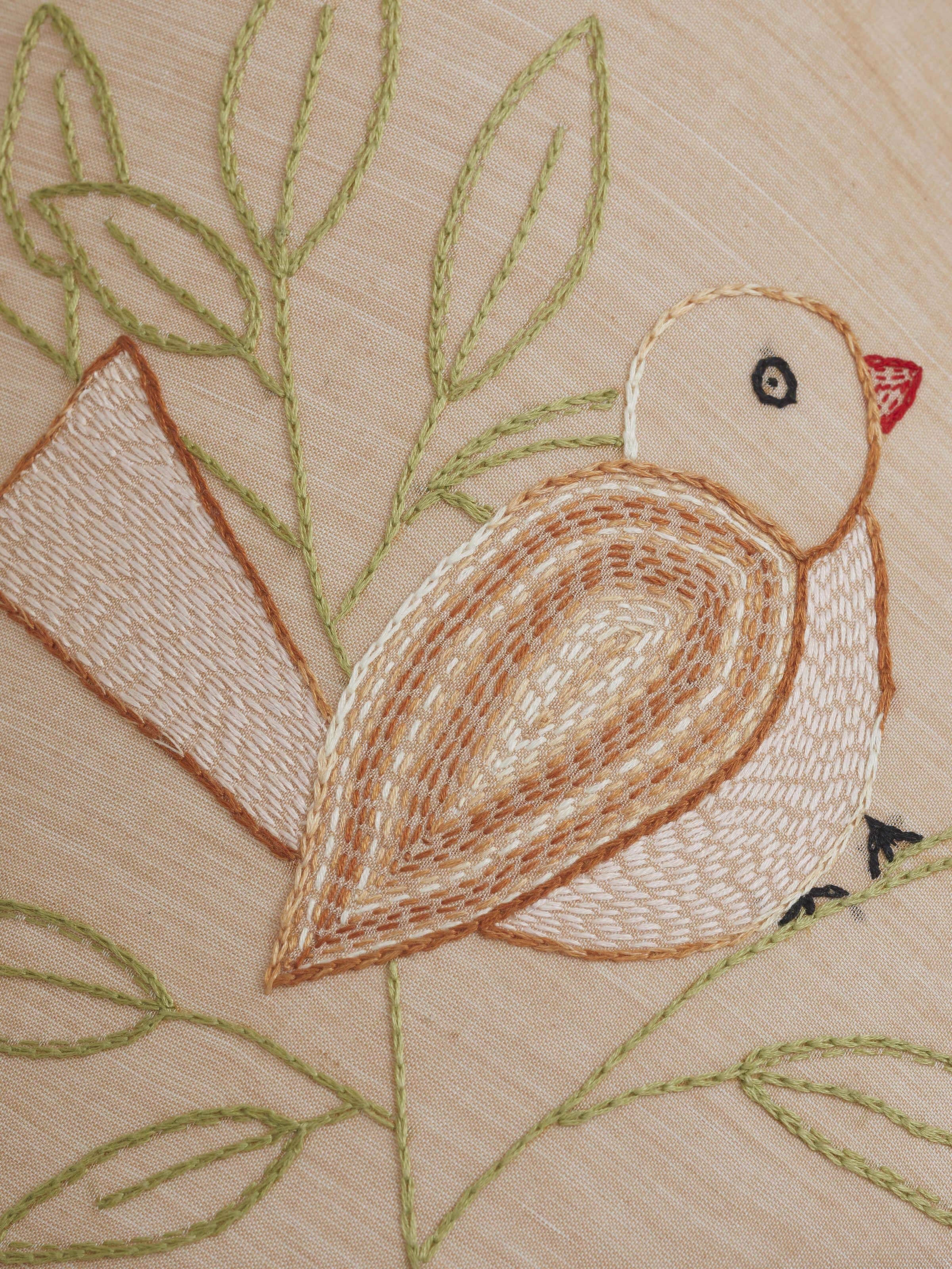 Detailed view of Sujani embroidered cotton lampshade large beige color focusing on the craftsmanship and delicate embroidery