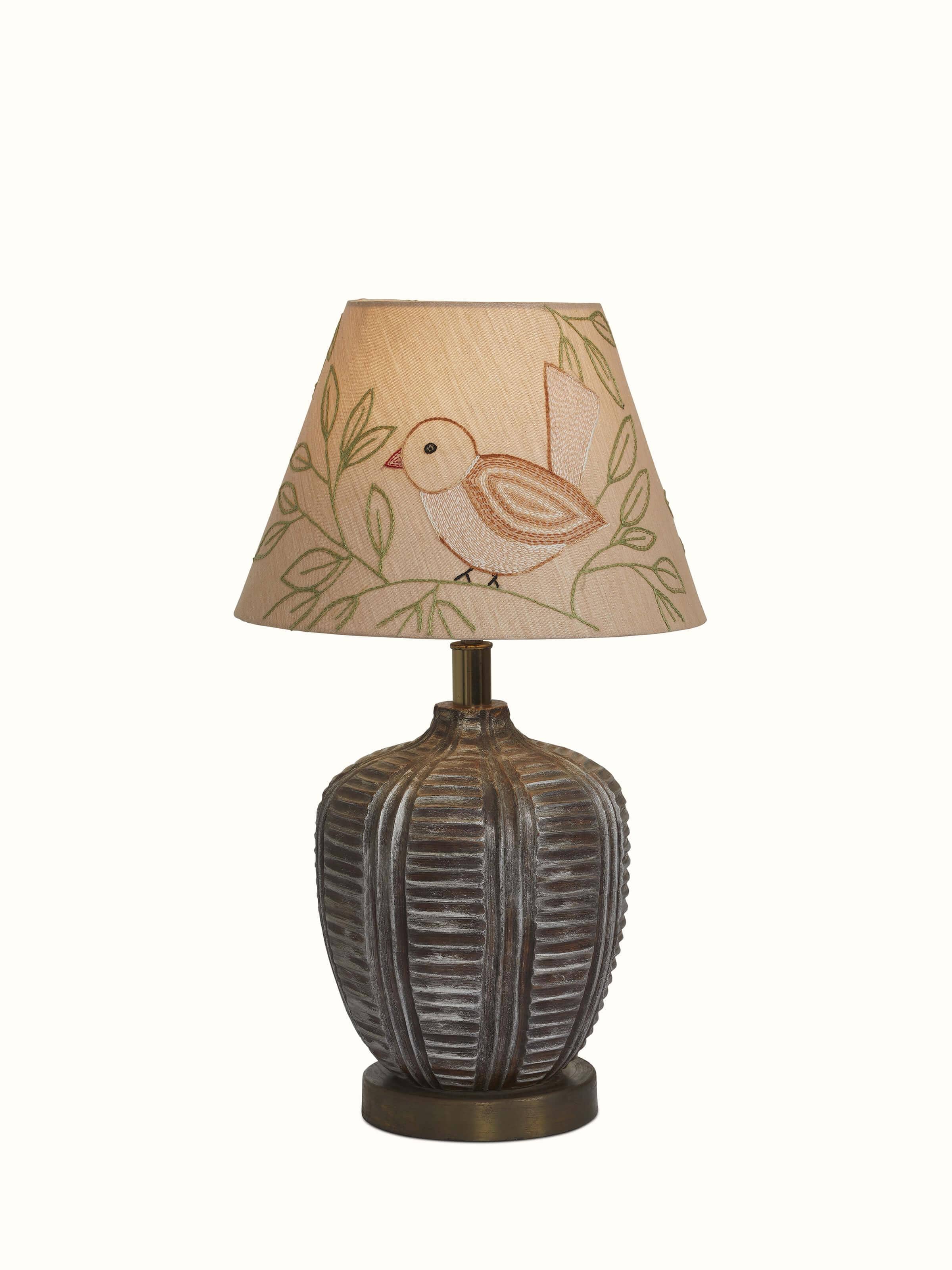 Close-up of Sujani Embroidered Cotton Lampshade in Medium Beige Color, focusing on the embroidery and fabric texture