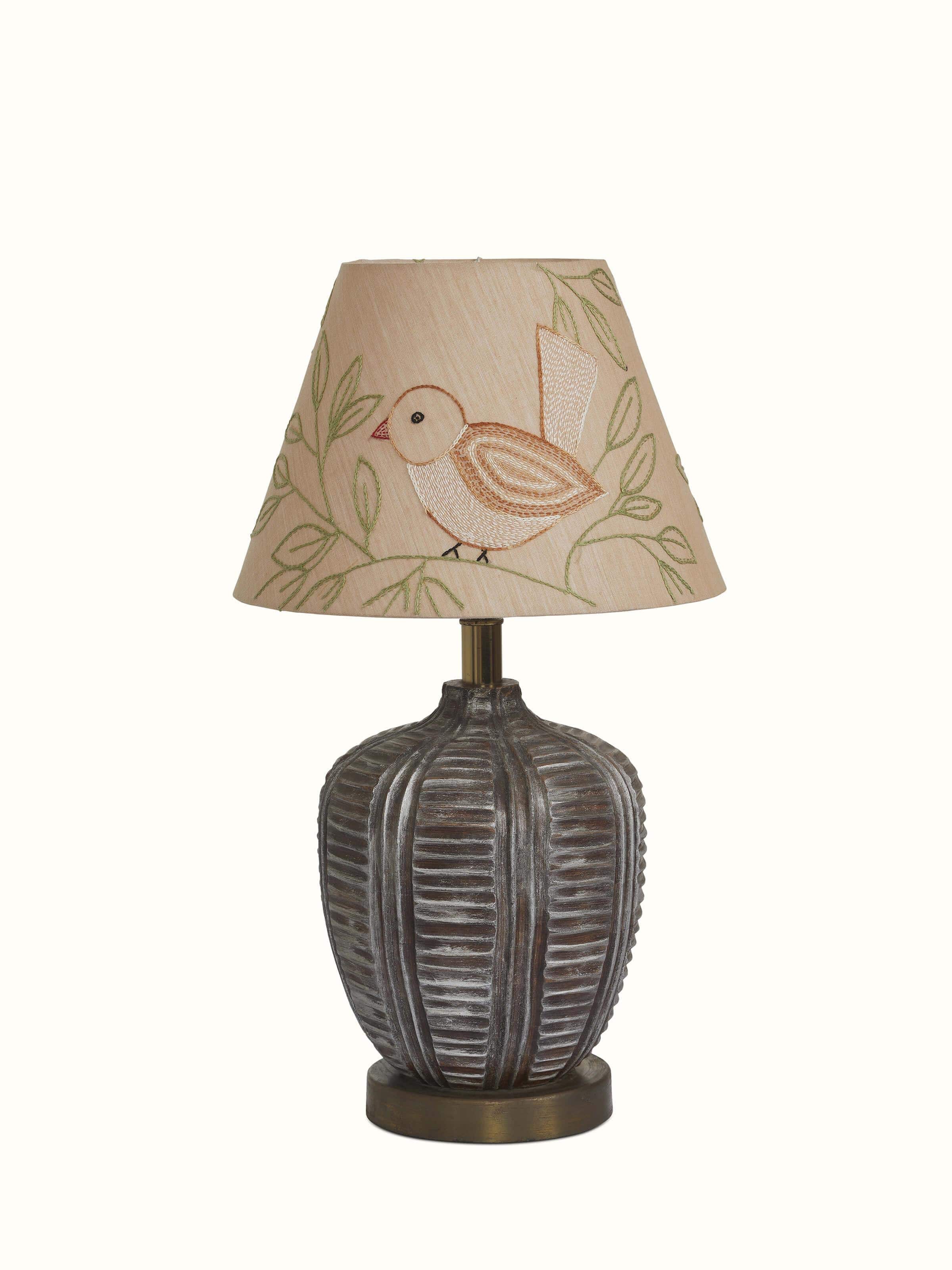 Front view of Sujani Embroidered Cotton Lampshade in Medium Beige Color, highlighting the embroidery and color