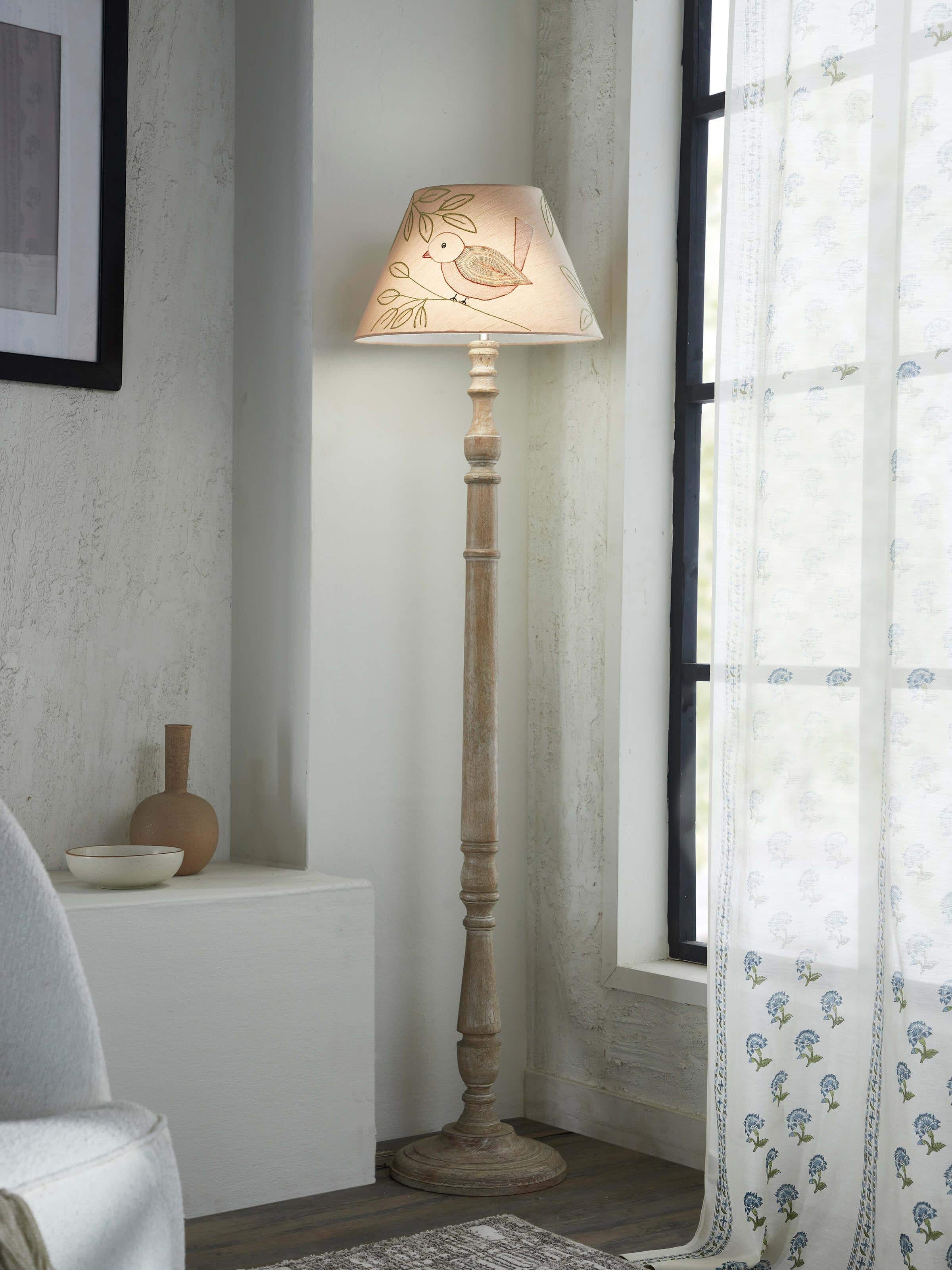 Side view of Sujani Embroidered Cotton Lampshade in Medium Beige Color, showcasing the shape and design details