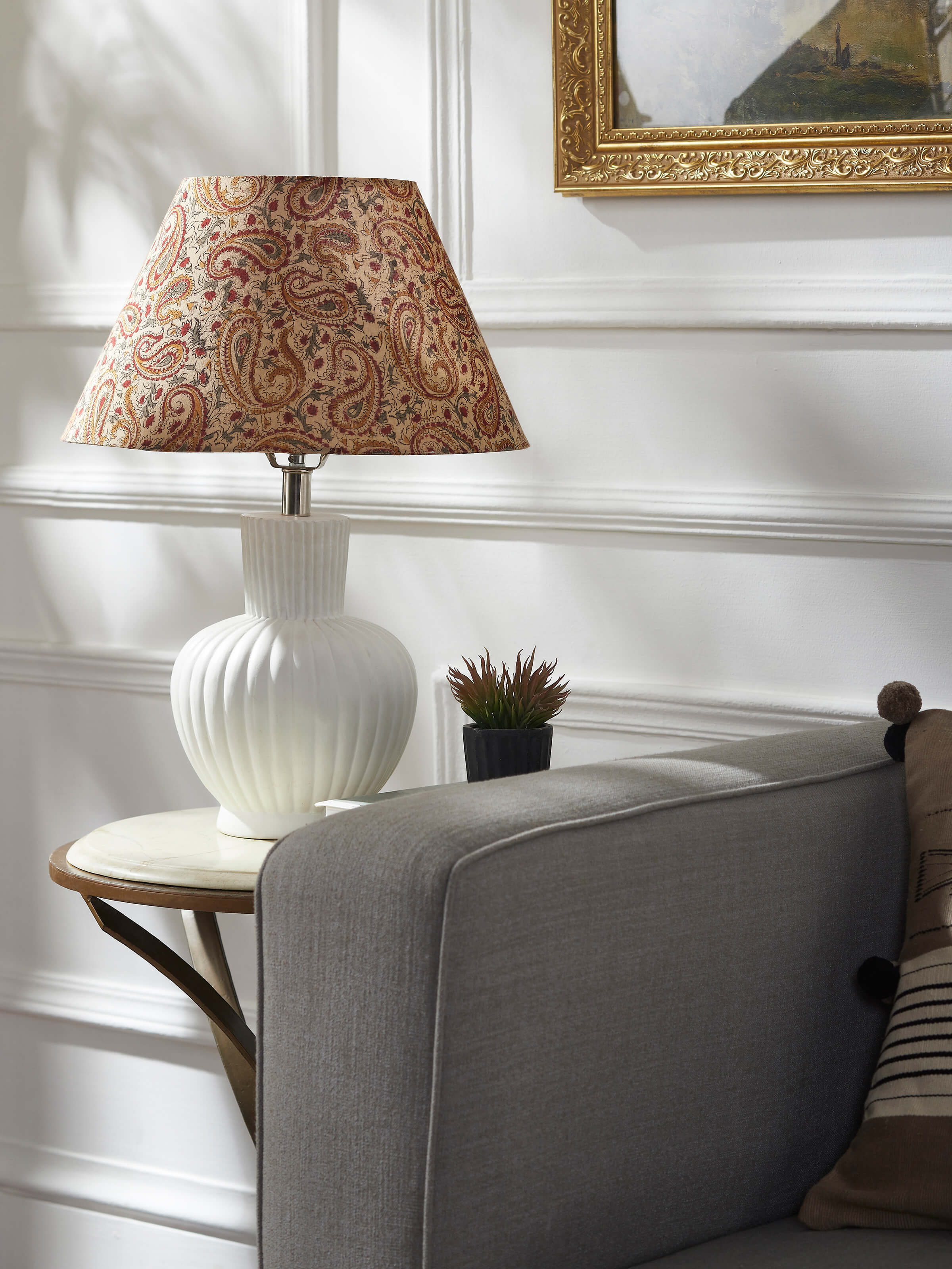 Close-up of Kalamkari block-printed cotton lampshade in beige, highlighting the detailed traditional block prints, Swadesh