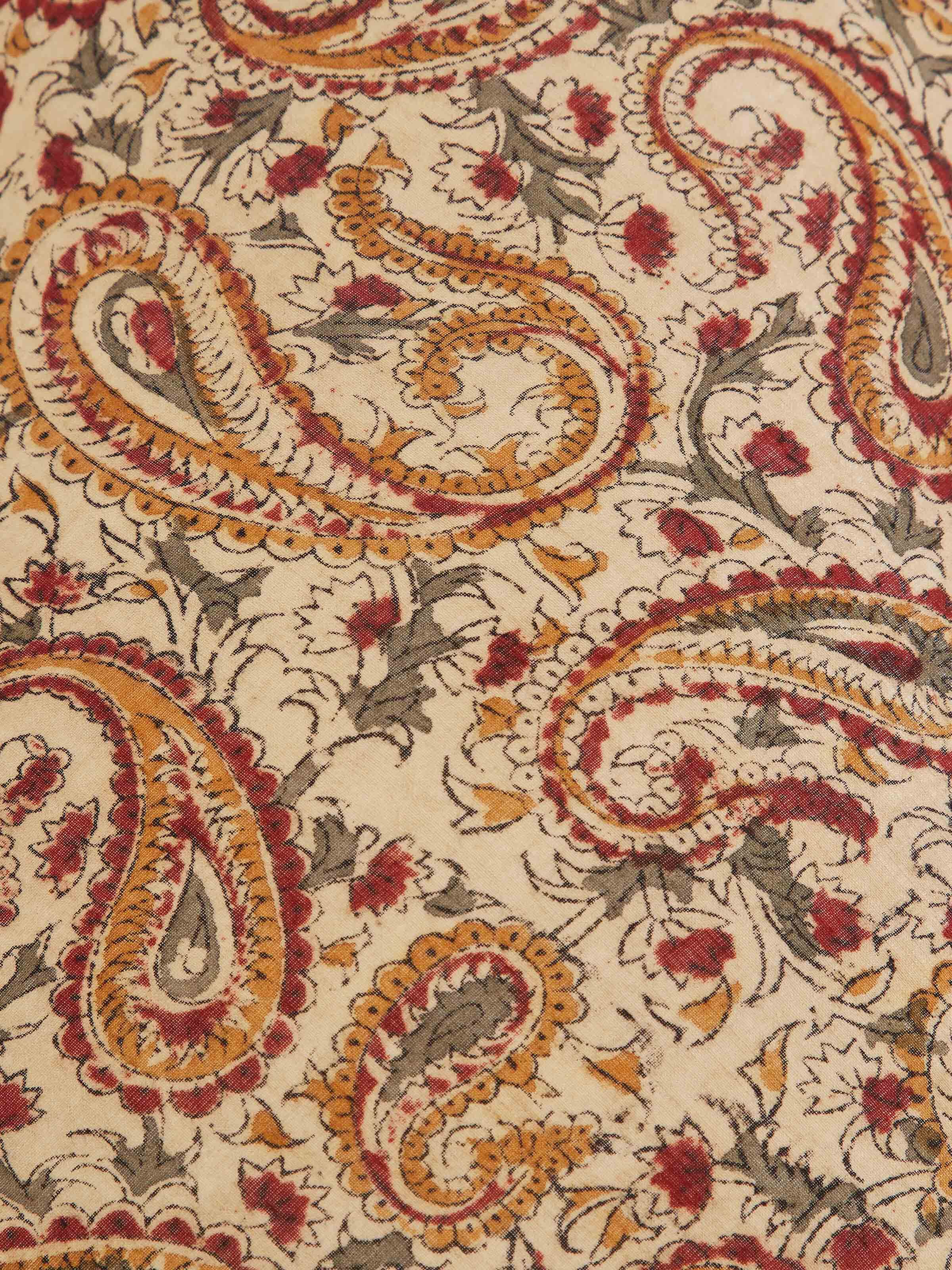 Side view of Kalamkari block-printed cotton lampshade in beige, showcasing the intricate block print design and fabric texture, Swadesh