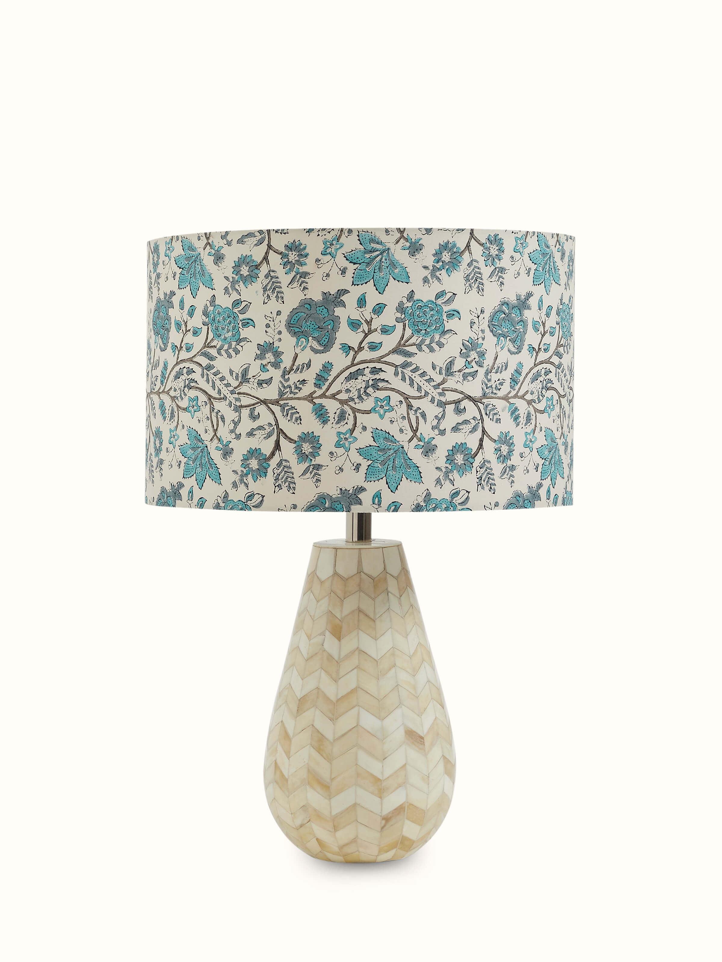 Front view of Block-printed cotton lampshade in blue & white color displaying its intricate block-printed patterns