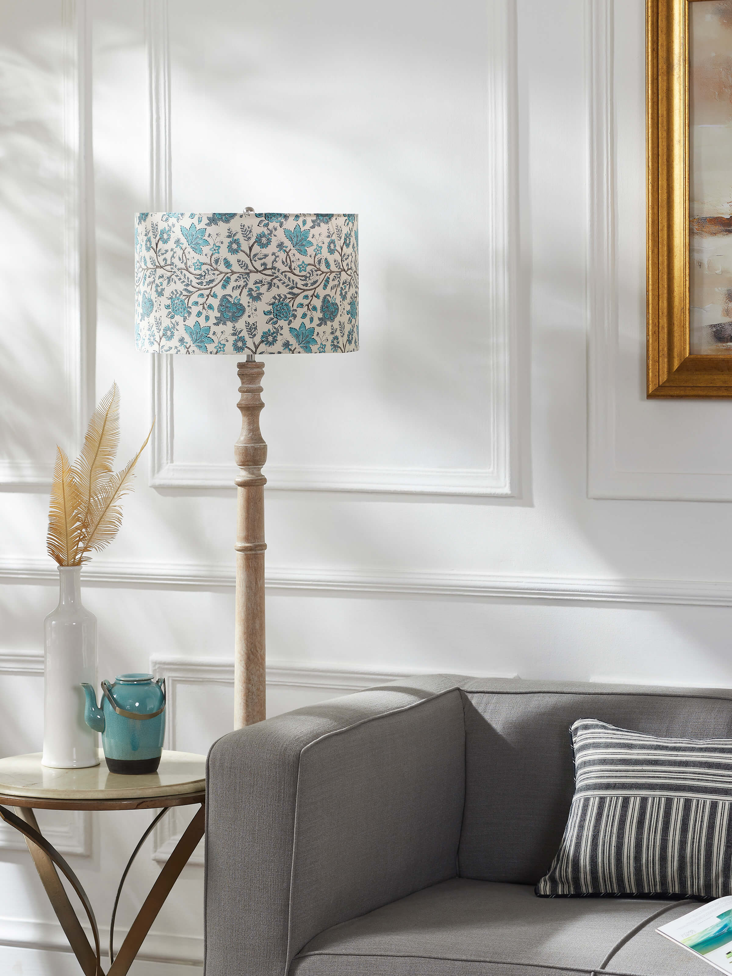 Side view of Block-printed cotton lampshade in blue & white color highlighting the detailed block print and fabric texture