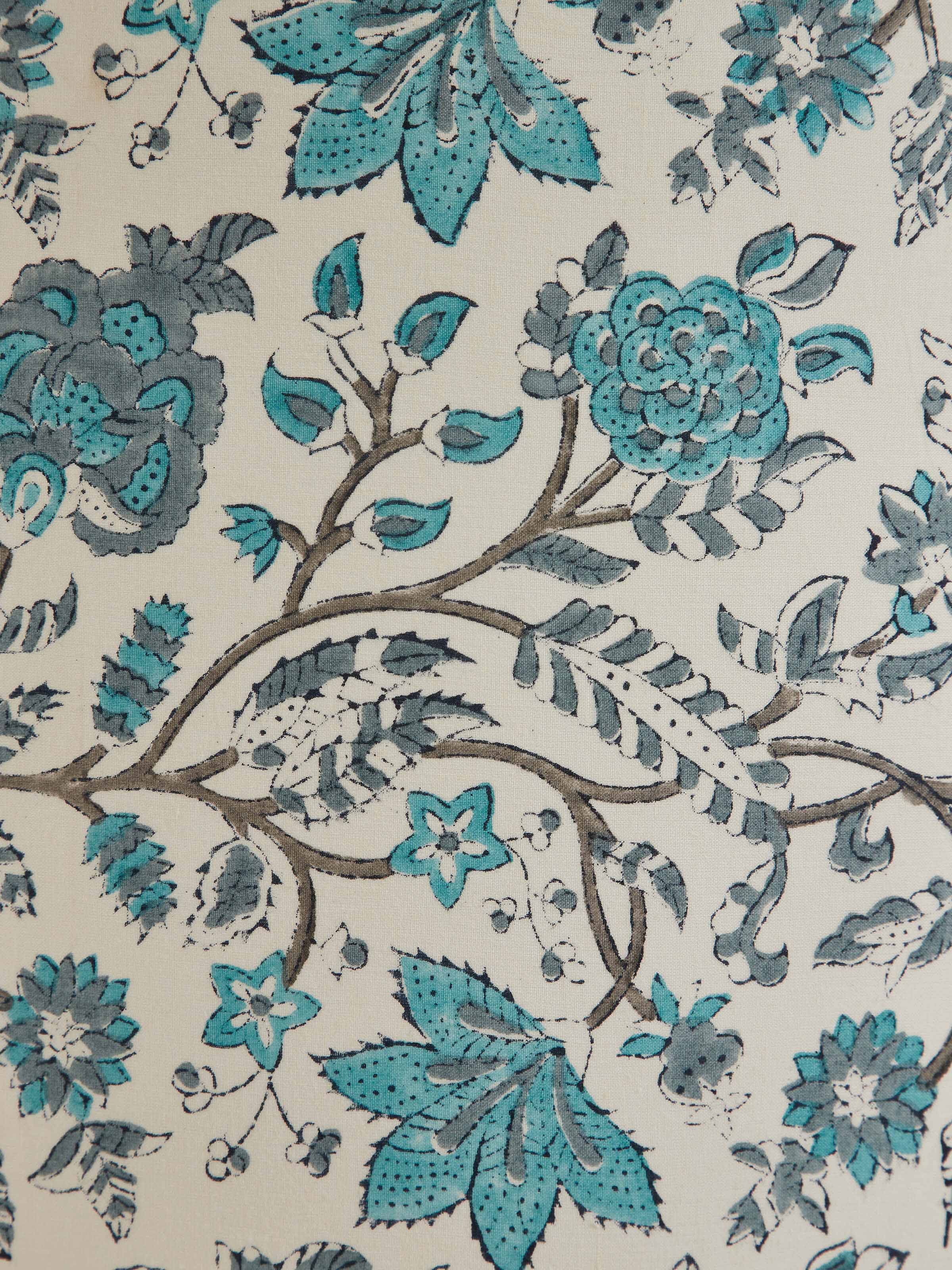 Detailed view of Block-printed cotton lampshade in blue & white color focusing on the fine block-printed designs and fabric quality