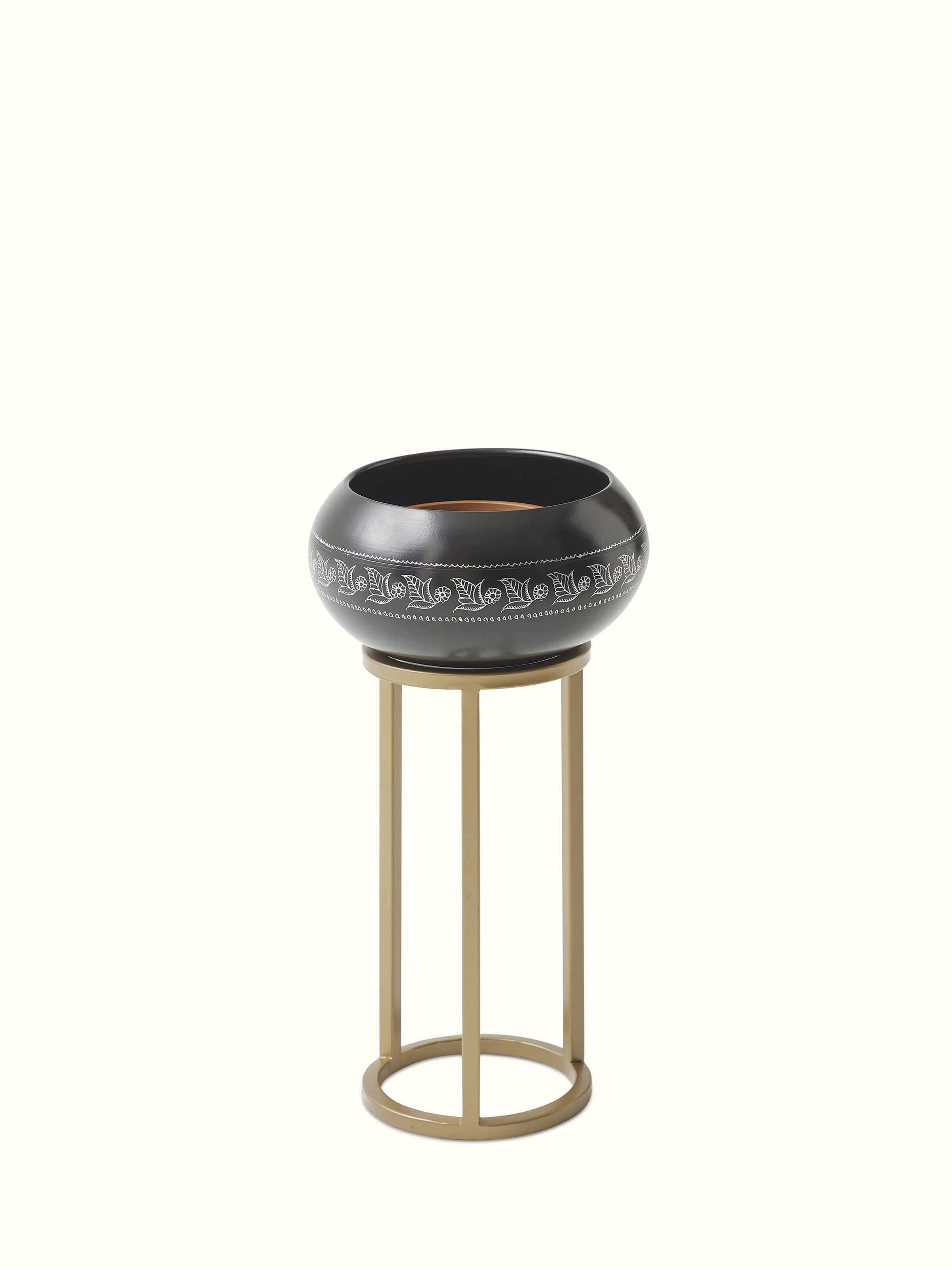 Front view of black pottery ceramic planter showcasing its elegant, handcrafted design