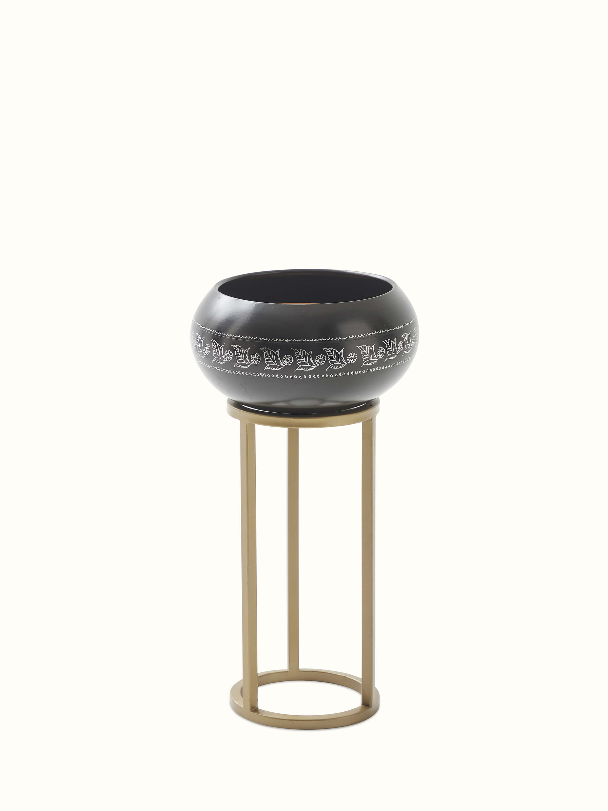 Top angle of black pottery ceramic planter displaying its unique shape and texture