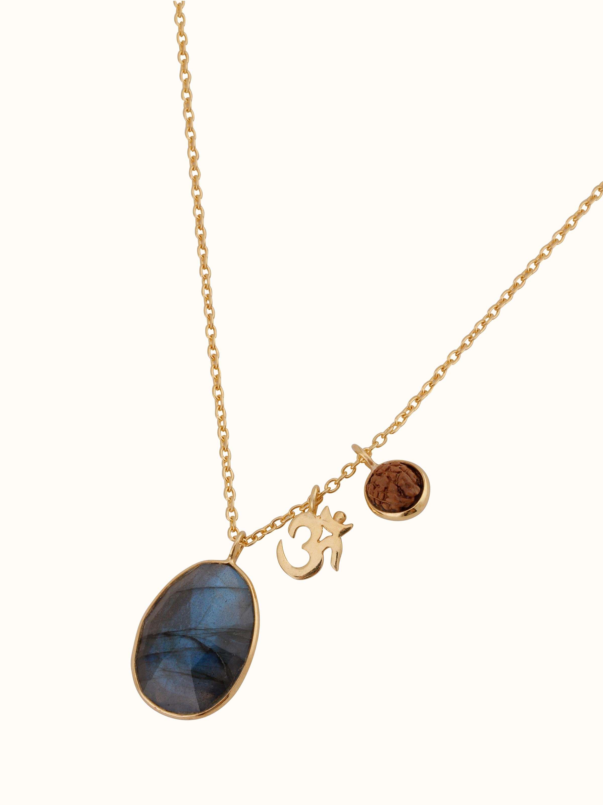 Side view of Labradorite, OM silver charm & Rudraksha necklace showing the elegant 18K gold-plated finish.