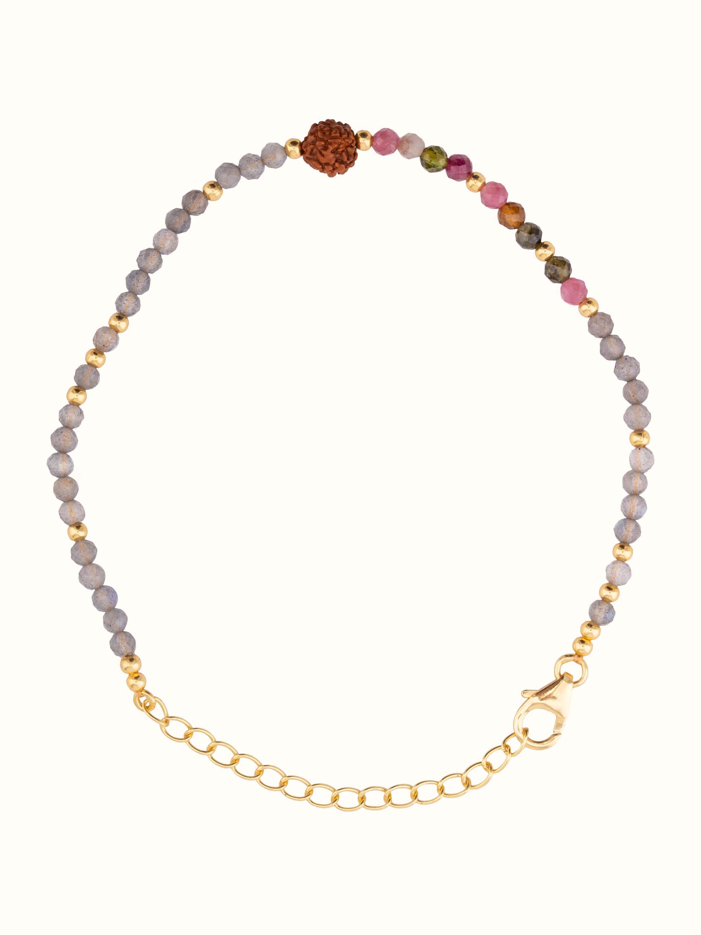 Front view of Labradorite, Tourmaline & Rudraksha Bracelet showcasing its vibrant colors and intricate design