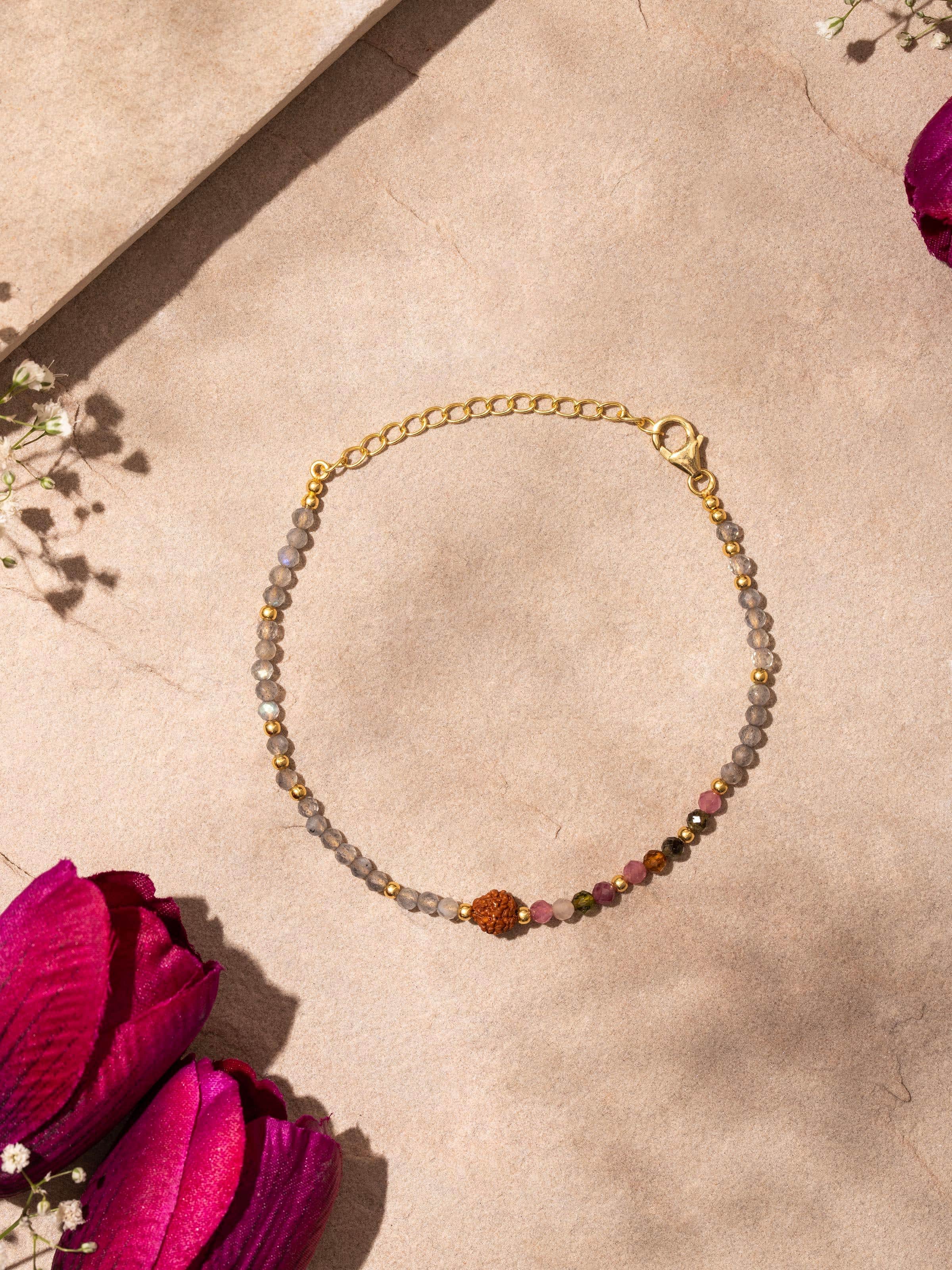 Close-up of Labradorite, Tourmaline & Rudraksha Bracelet focusing on the gemstones and silver craftsmanship