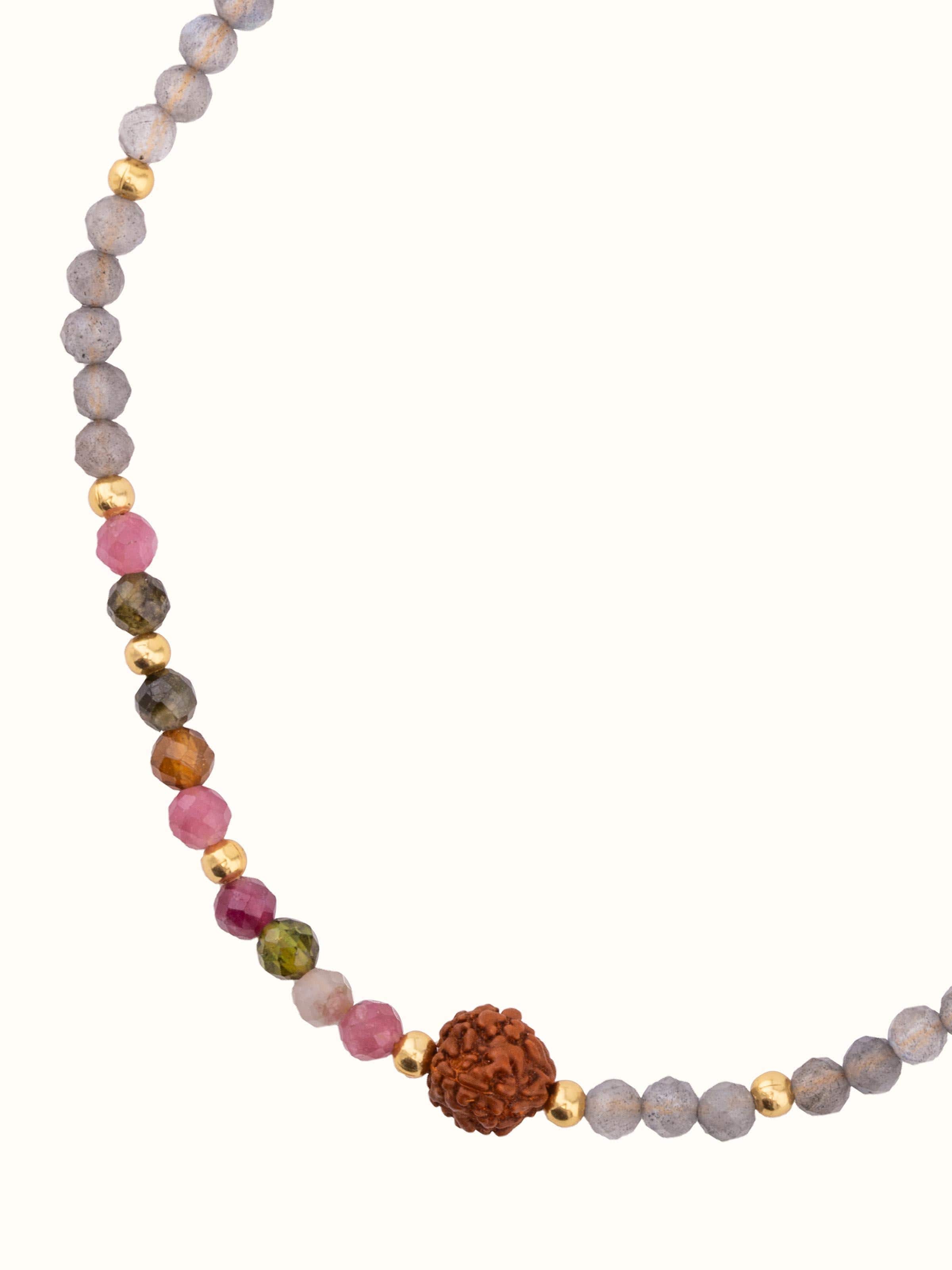 Labradorite, Tourmaline & Rudraksha Bracelet displayed on a natural background, enhancing its elegance and beauty