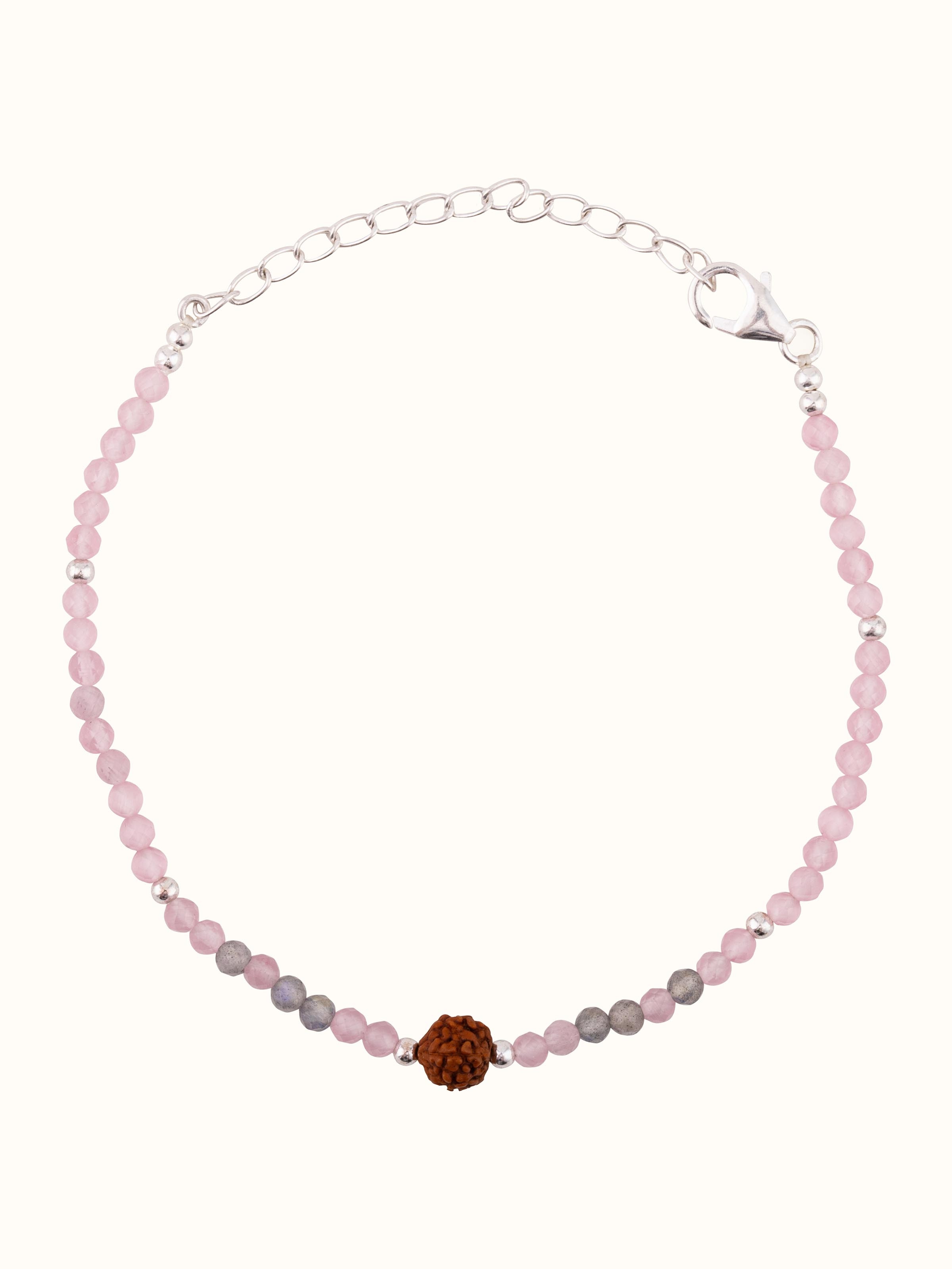 Front view of Rose Quartz, Labradorite & Rudraksha Sterling Silver Bracelet showcasing intricate gemstone design