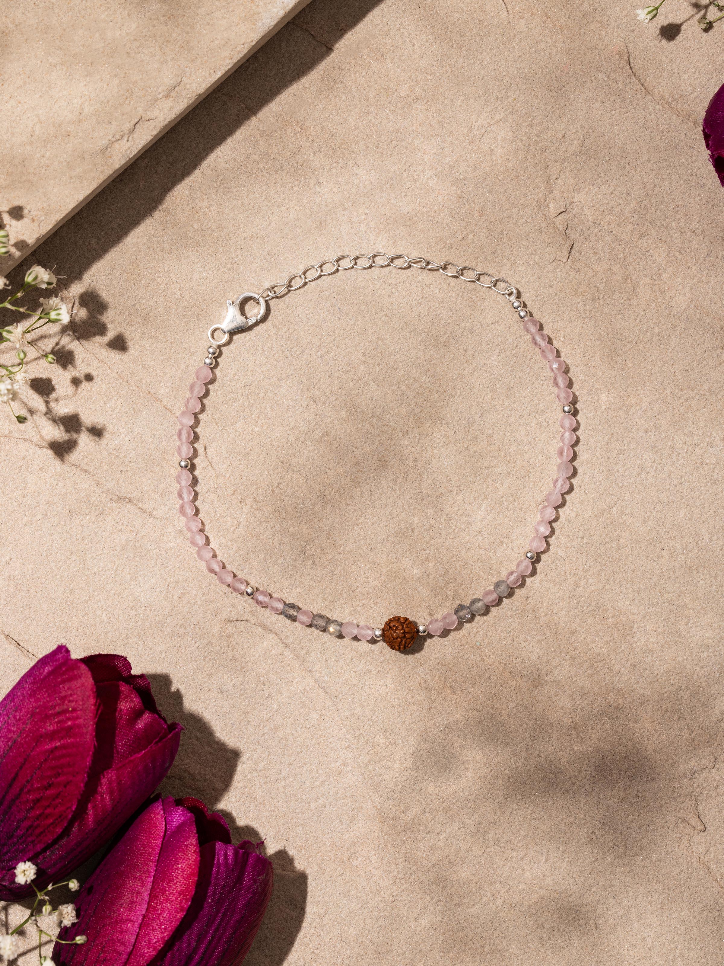 Close-up view of Rose Quartz, Labradorite & Rudraksha Sterling Silver Bracelet showcasing detailed craftsmanship