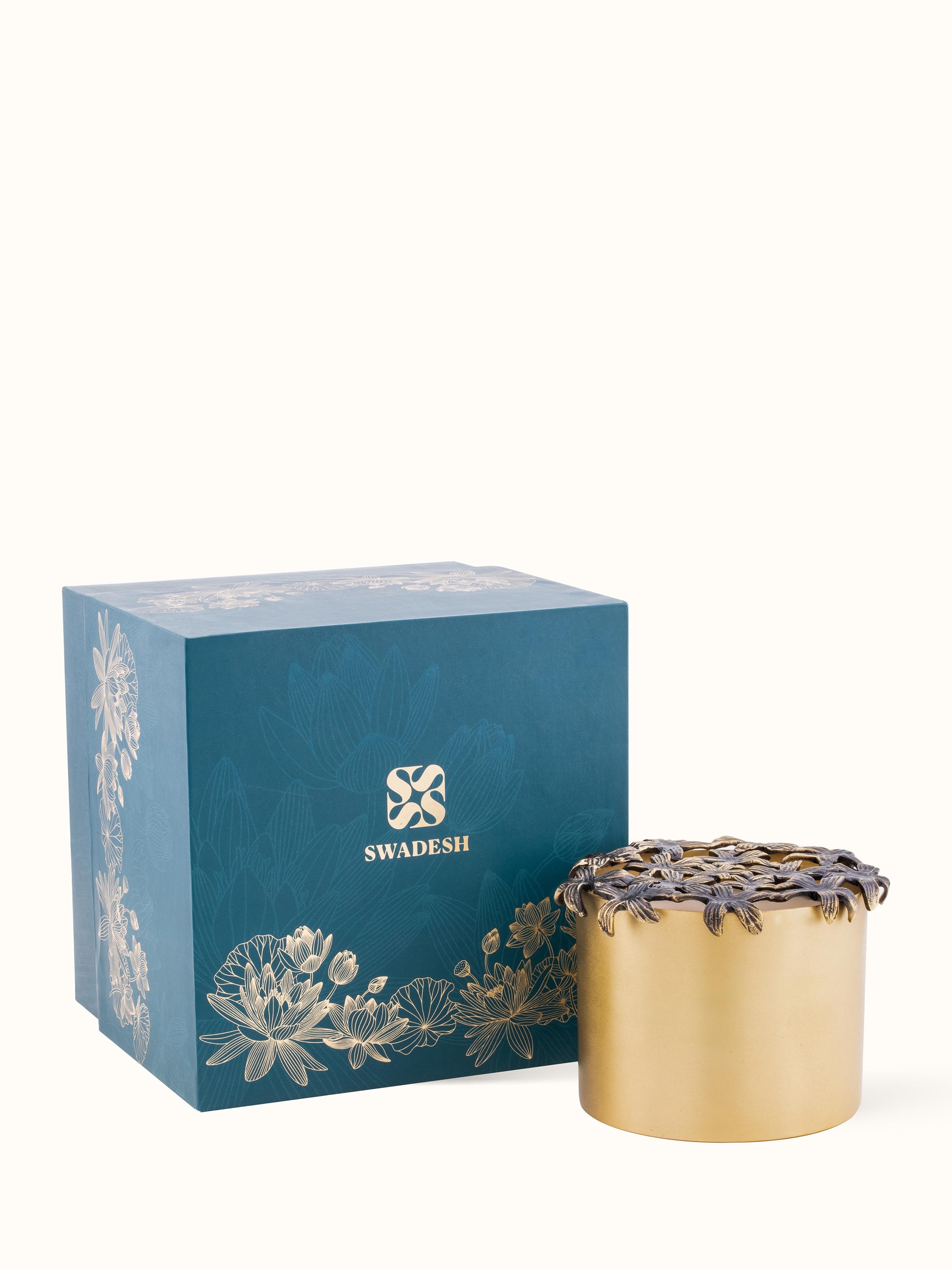 Front view of Jasmine Brass Candle showcasing its elegant design and floral motif