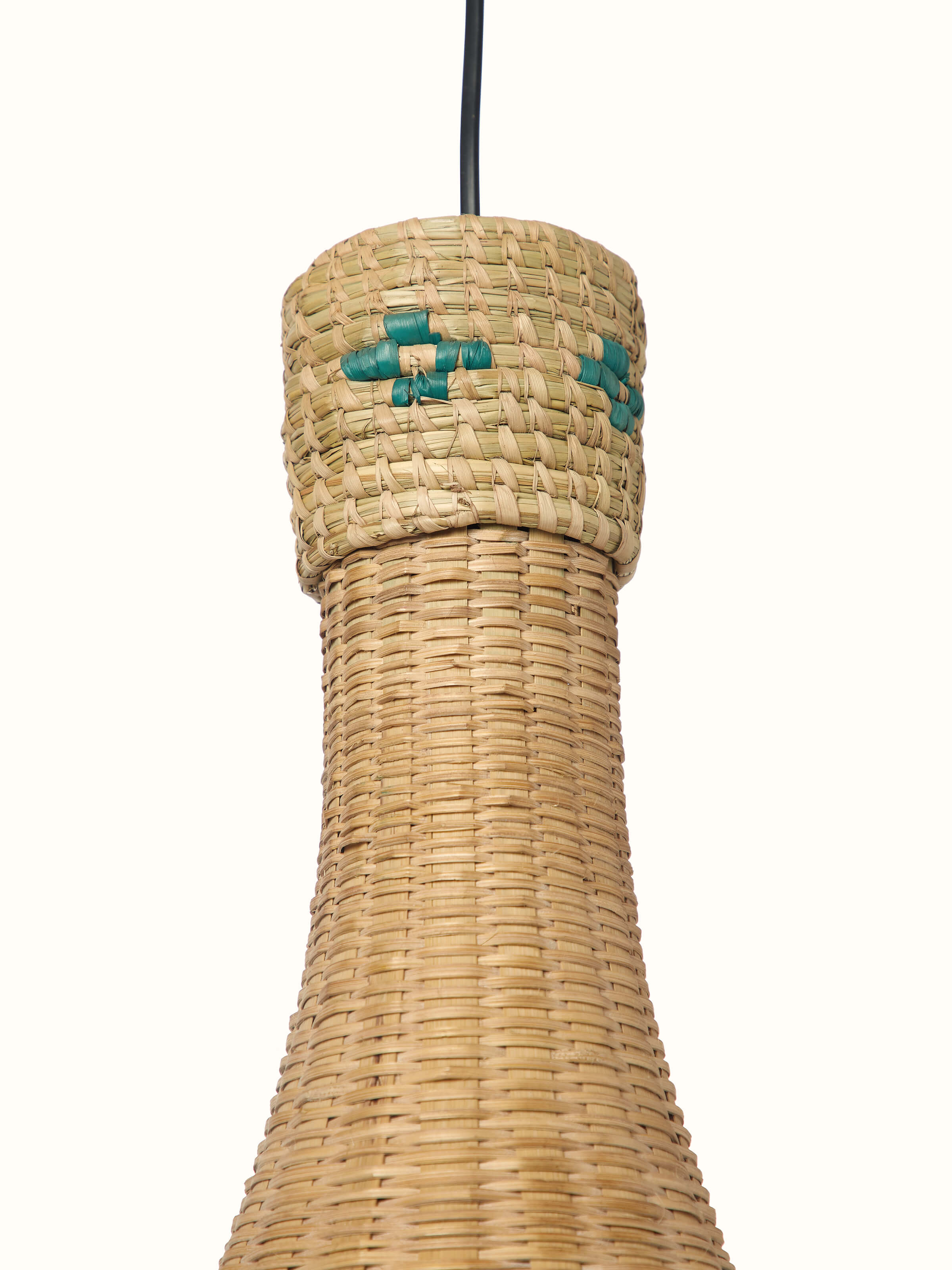Angled view of Kanshi Basketry Natural Fibre Pendant Light, emphasizing the natural fiber construction and artisanal details.