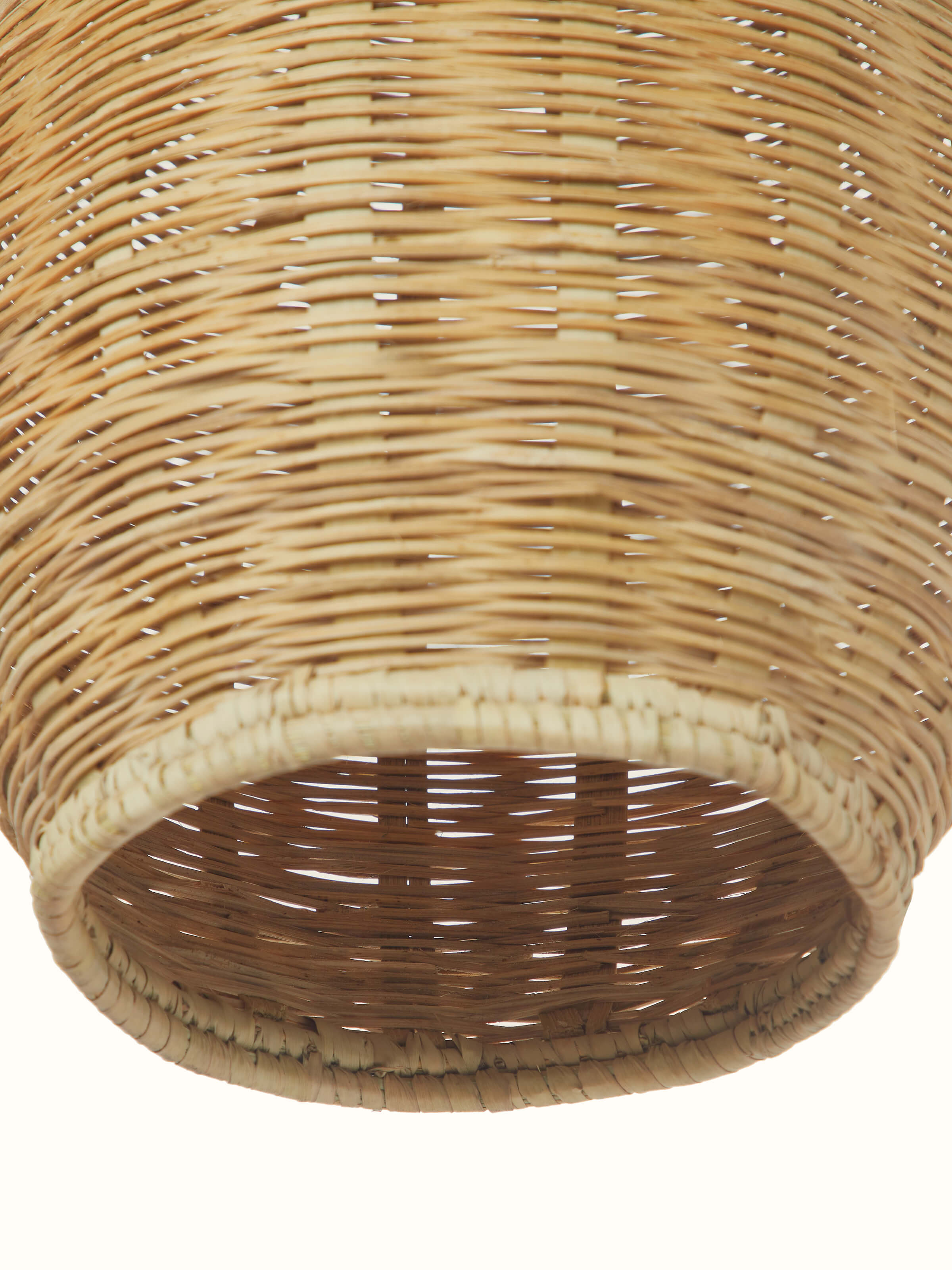 Close-up view of Kanshi Basketry Natural Fibre Pendant Light, showcasing the craftsmanship and fine details of the basketry.