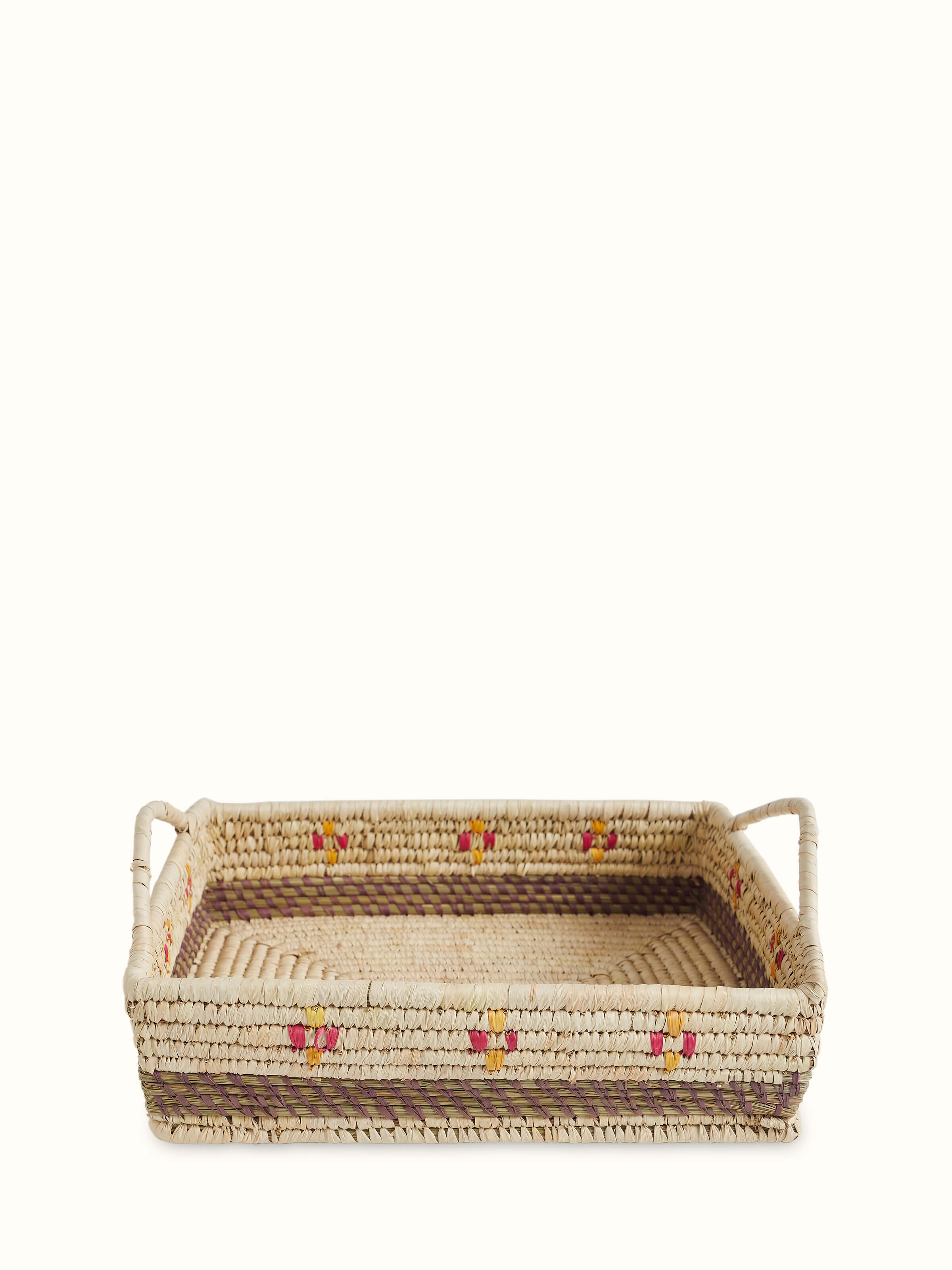 Front view of Kanshi basketry natural fibre decorative tray showcasing intricate weaving details.