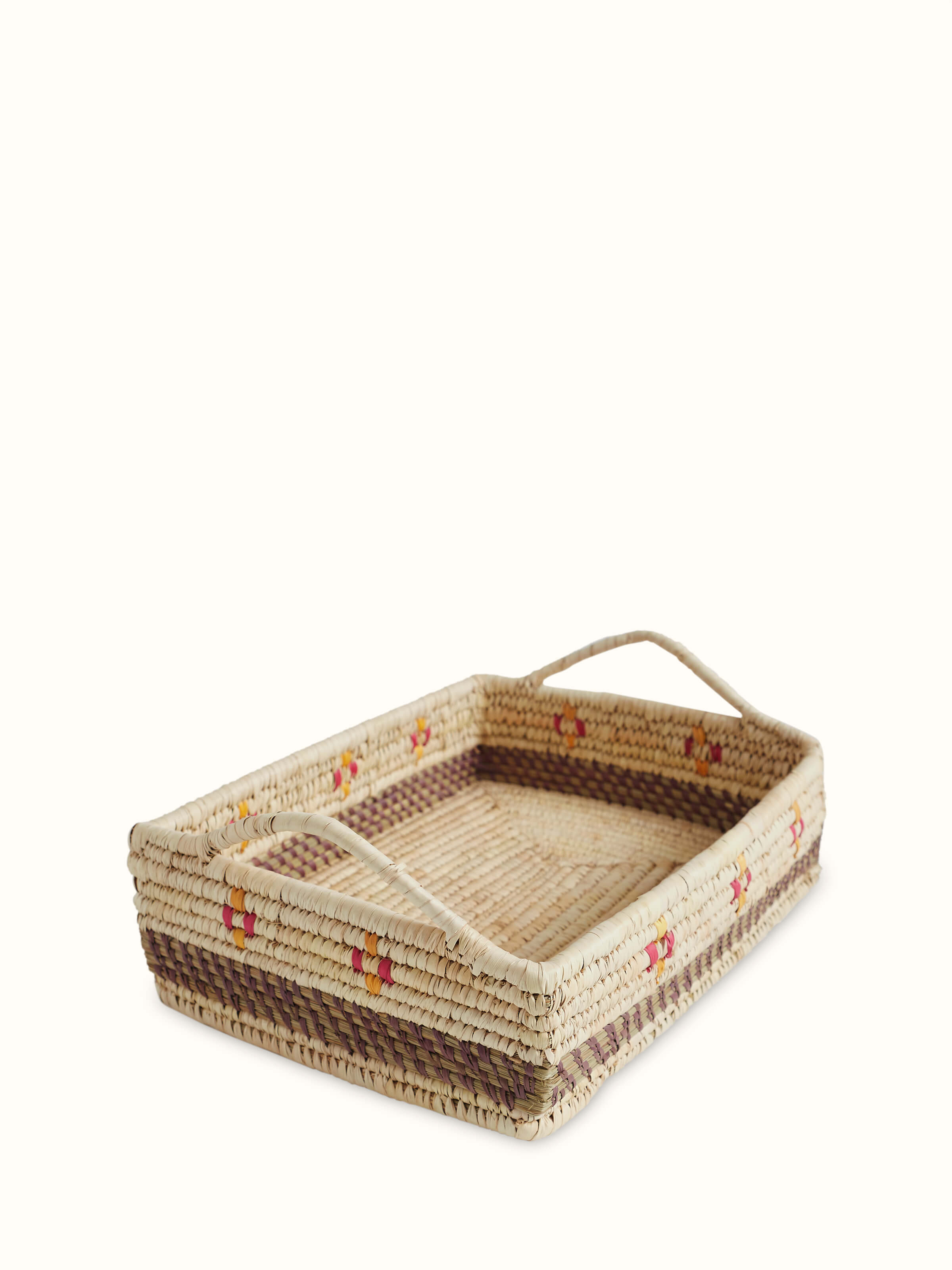 Angled view of Kanshi basketry natural fibre decorative tray emphasizing its unique texture.