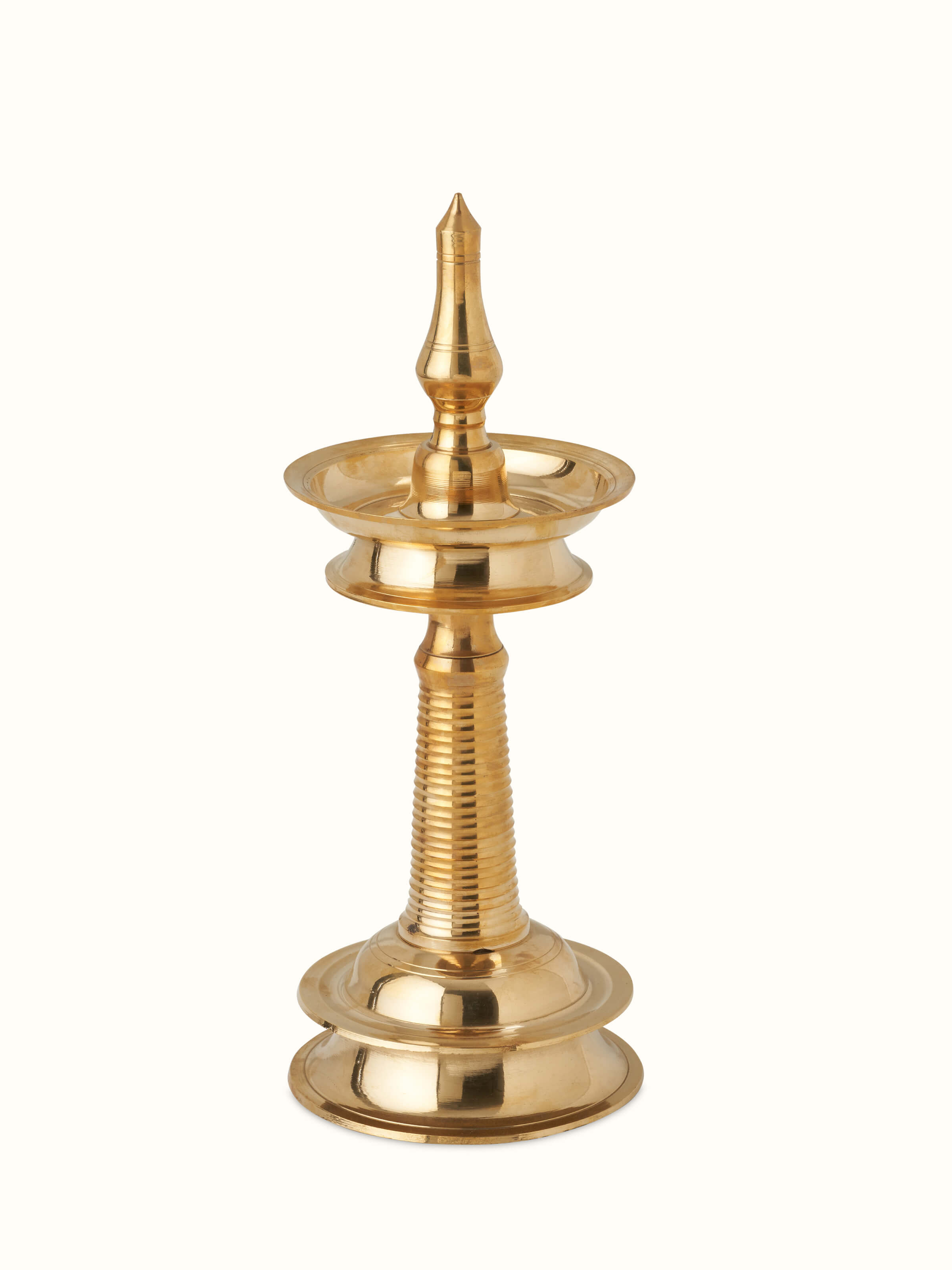 Front view of Brass Kuthu Vilakku Stand Diya, showcasing its traditional design and intricate detailing