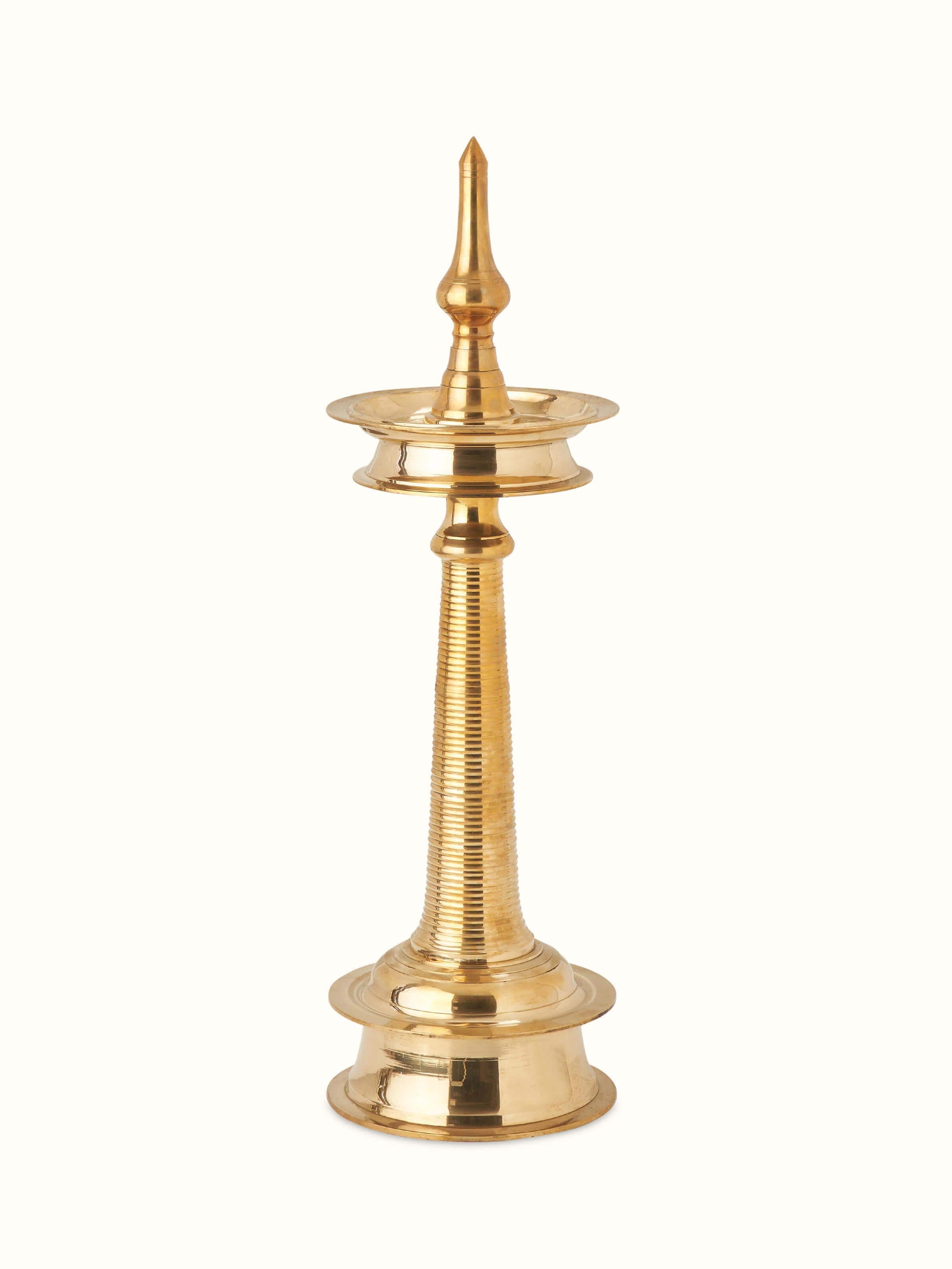 Front view of Brass-plated Kuthu Vilakku Stand Diya featuring a traditional brass diya stand with intricate detailing