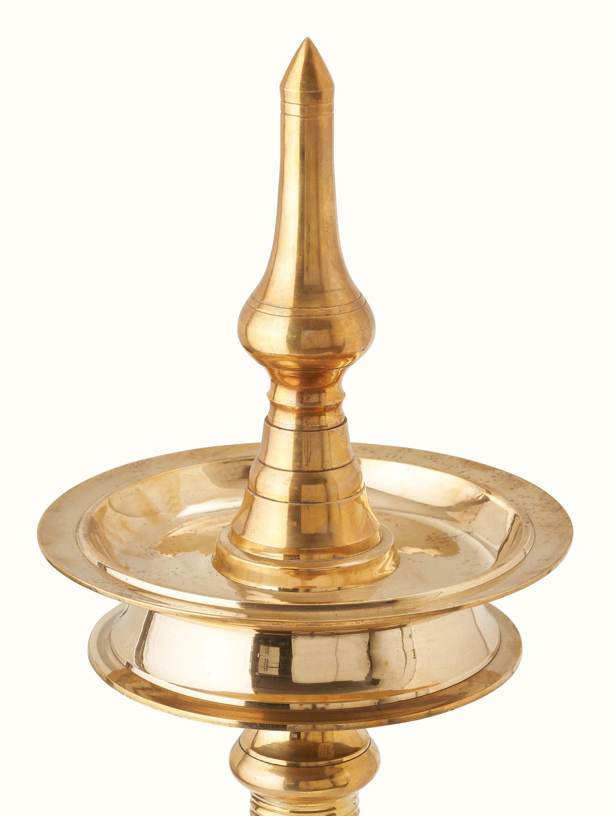 Close-up of Brass-plated Kuthu Vilakku Stand Diya highlighting the fine brass finish and delicate design
