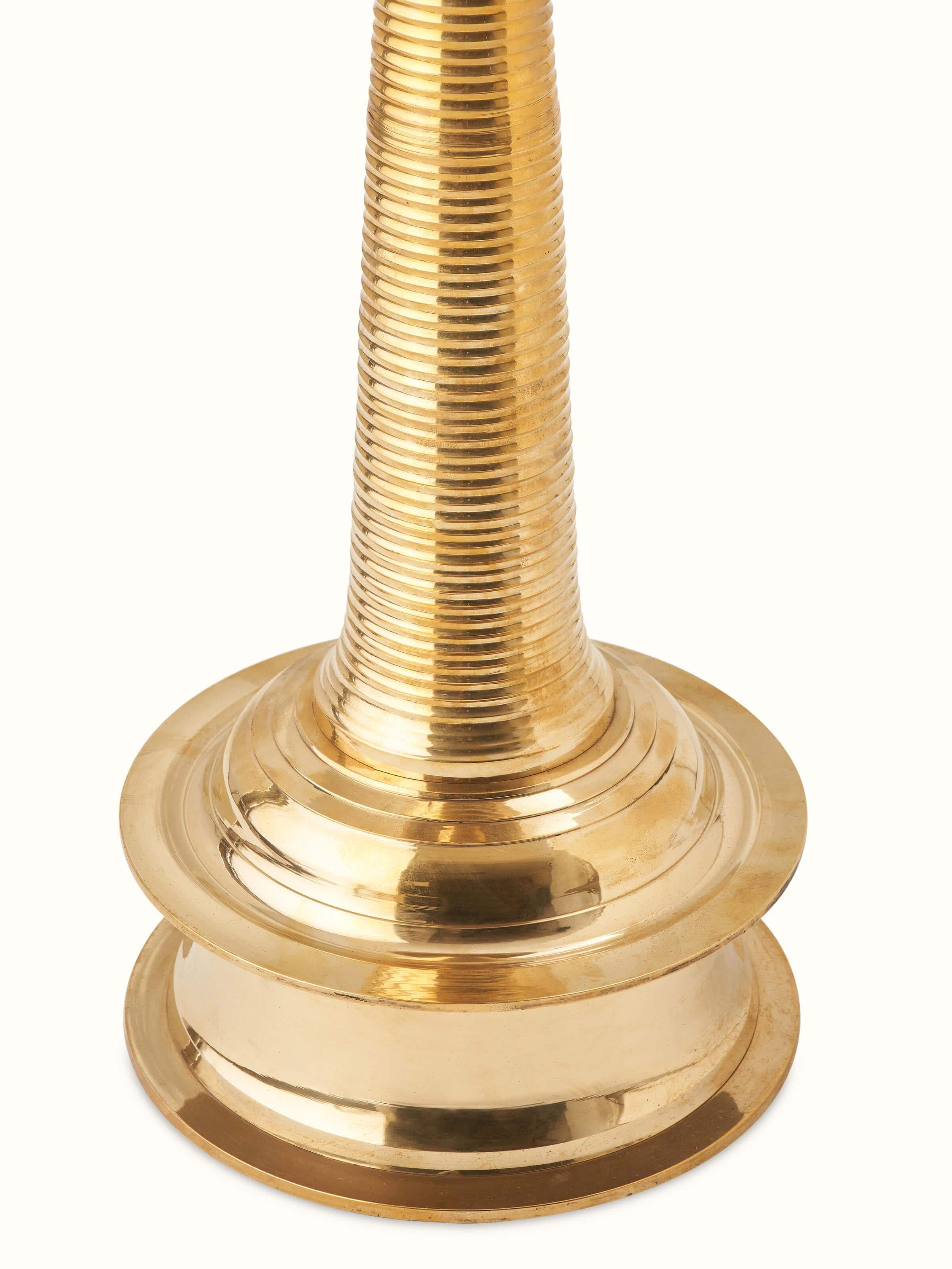 Detailed view of Brass-plated Kuthu Vilakku Stand Diya focusing on the base and fine brass texture of the diya