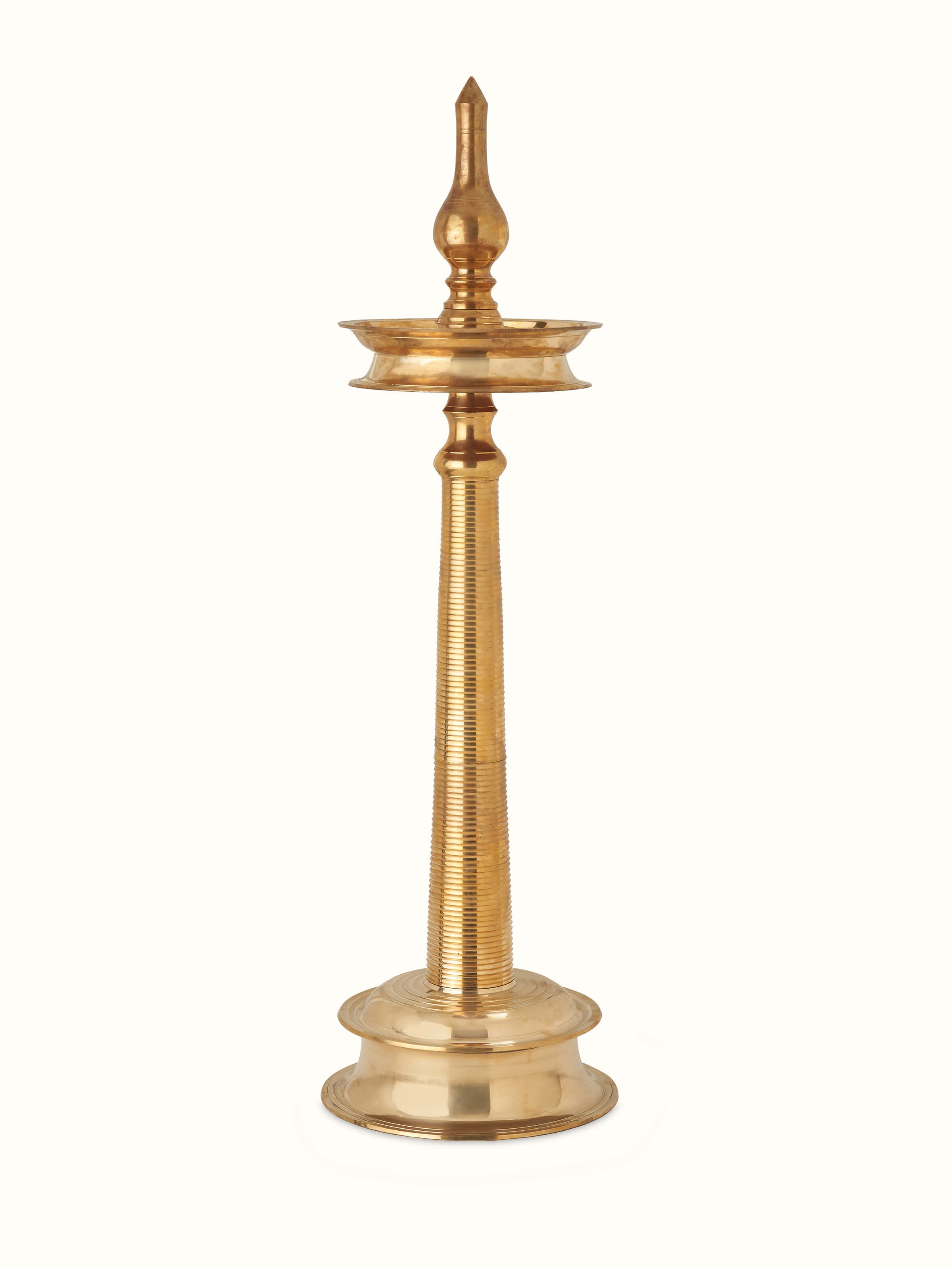 Front view of Brass-Plated Samai Vilakku Stand Diya showcasing the traditional design and brass plating.