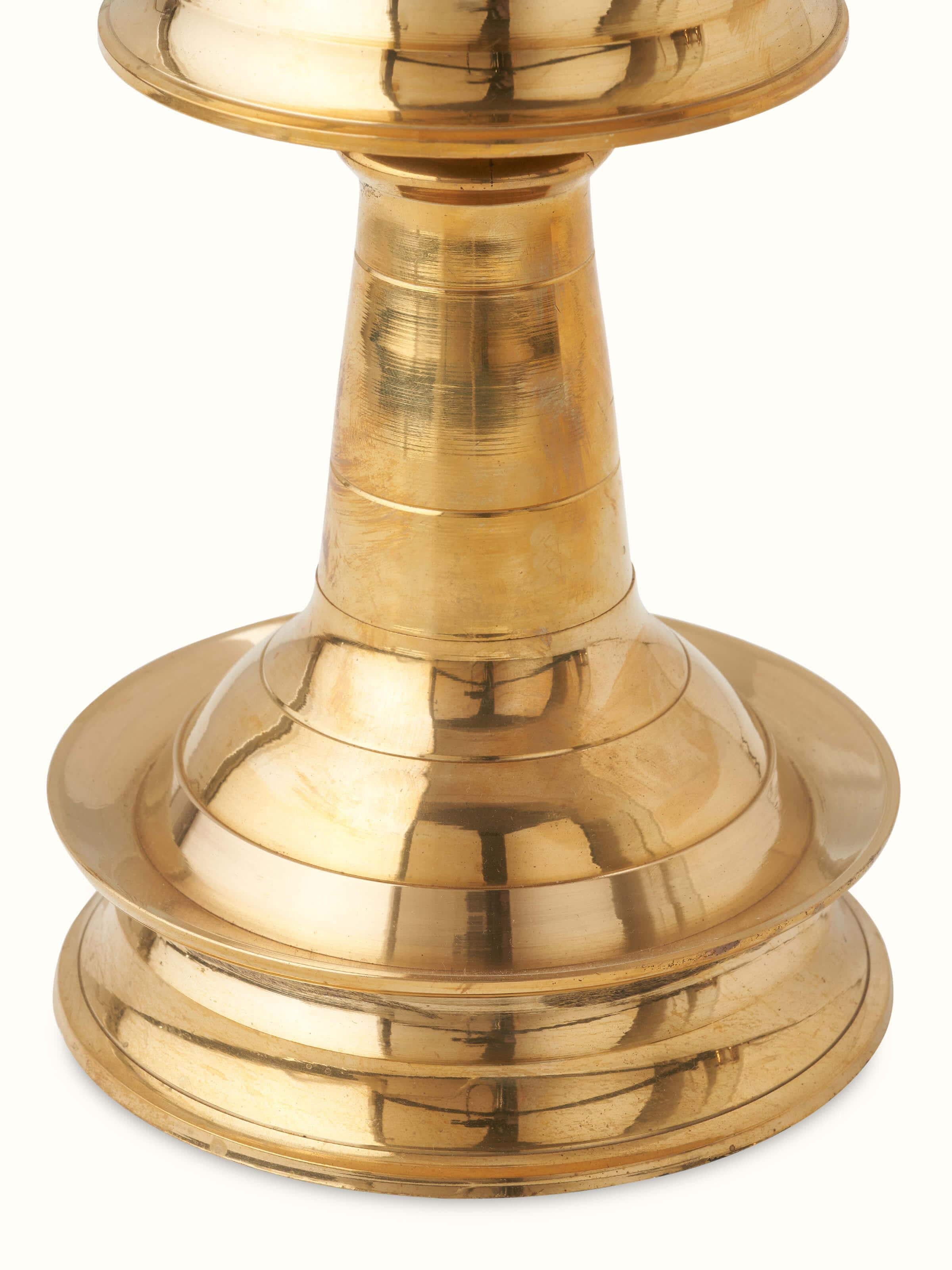 Detailed view of Brass-plated Samai Vilakku stand diya emphasizing the detailed workmanship and traditional design
