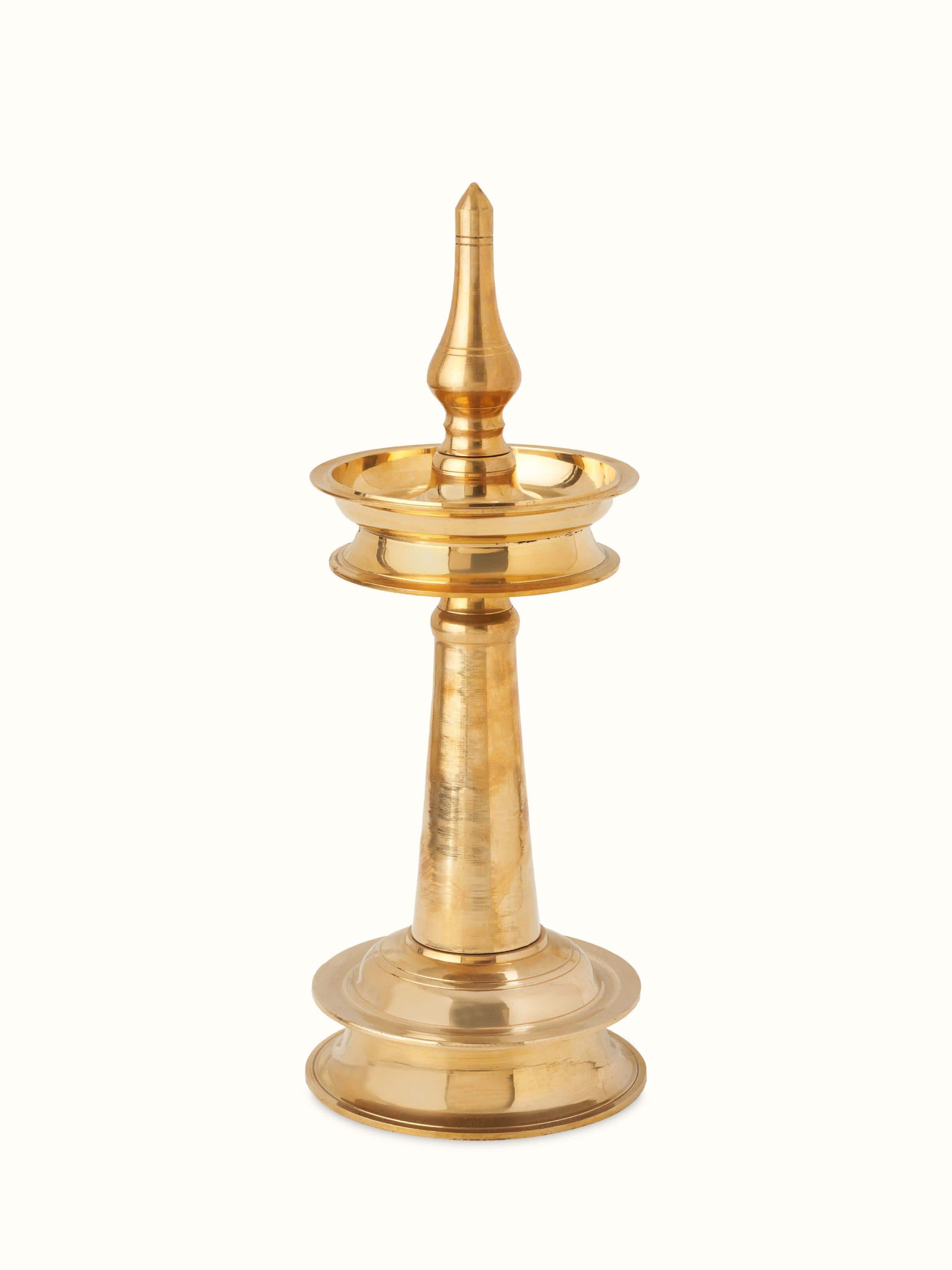 Front view of Polished Brass-Plated Samai Vilakku Stand Diya showing overall design and shine