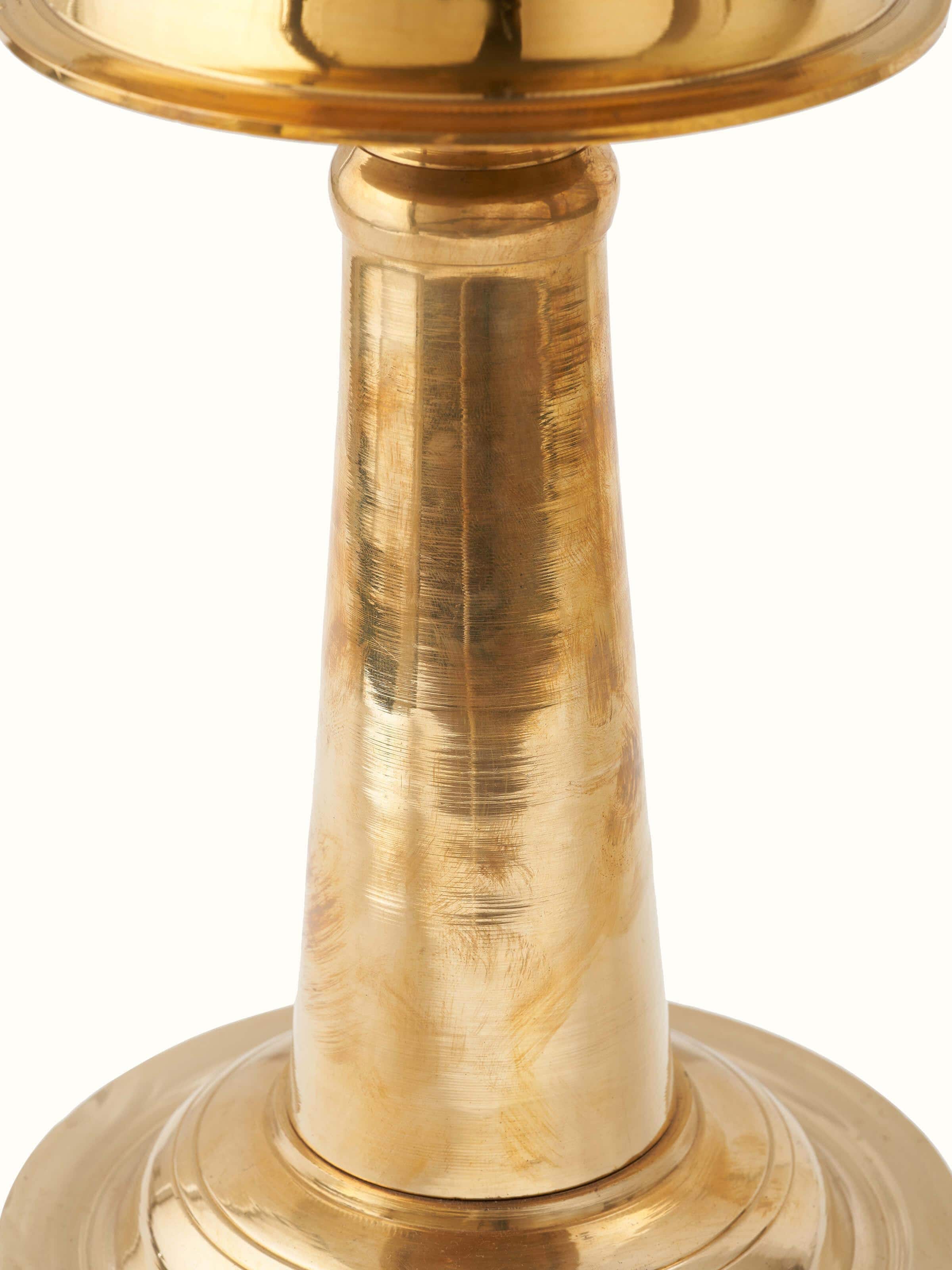 Detailed view of Polished Brass-Plated Samai Vilakku Stand Diya showing the craftsmanship and finish