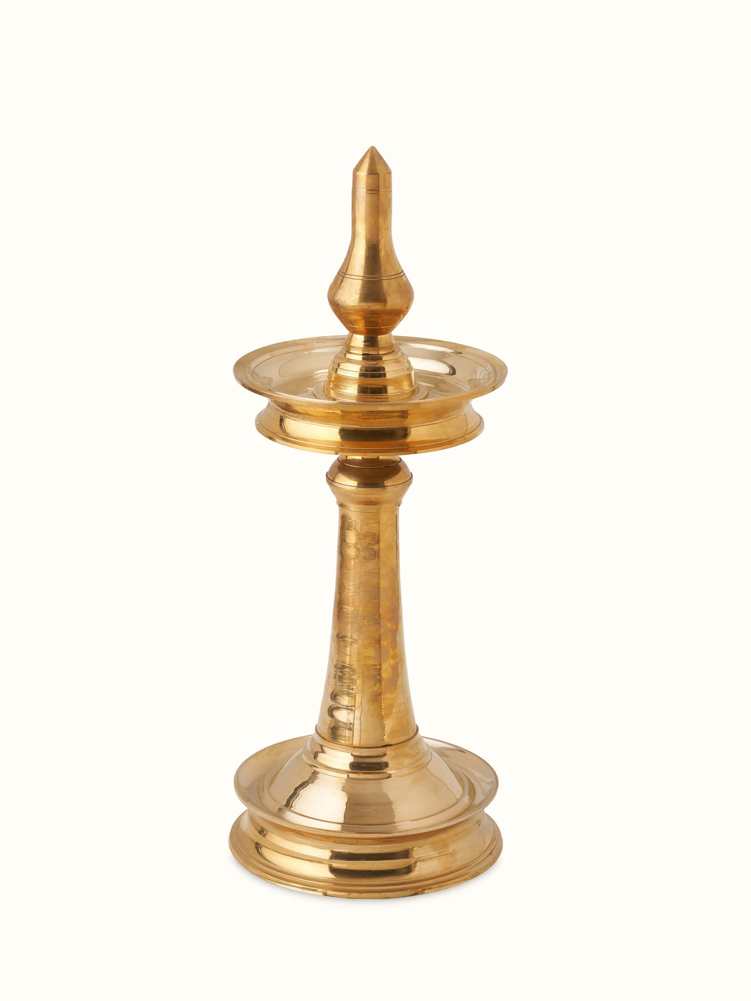 Front view of Brass-Plated Samai Vilakku Stand Diya showcasing traditional design.