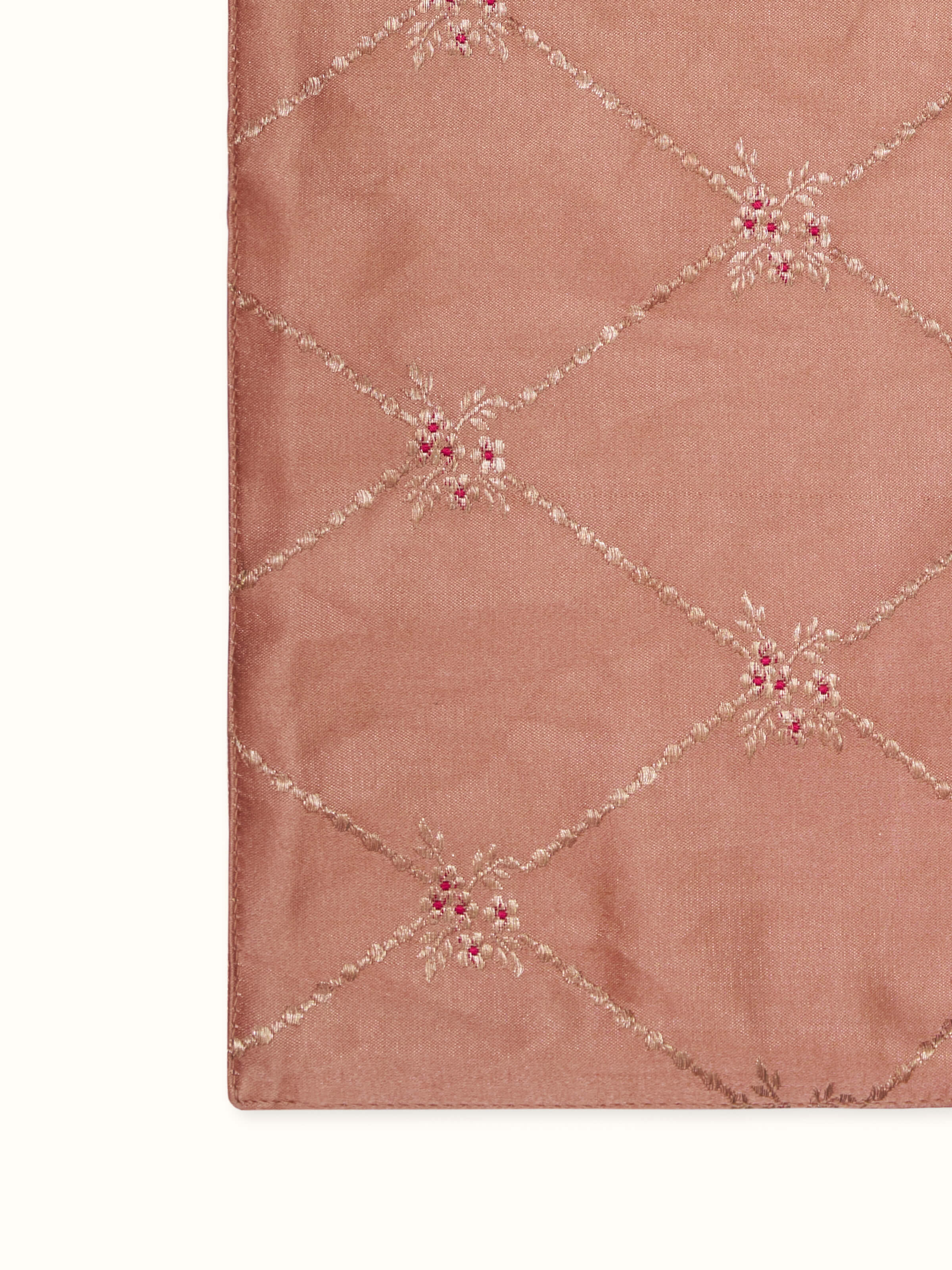 Detailed shot highlighting intricate Banarasi trellis brocade weave on silk table mat.