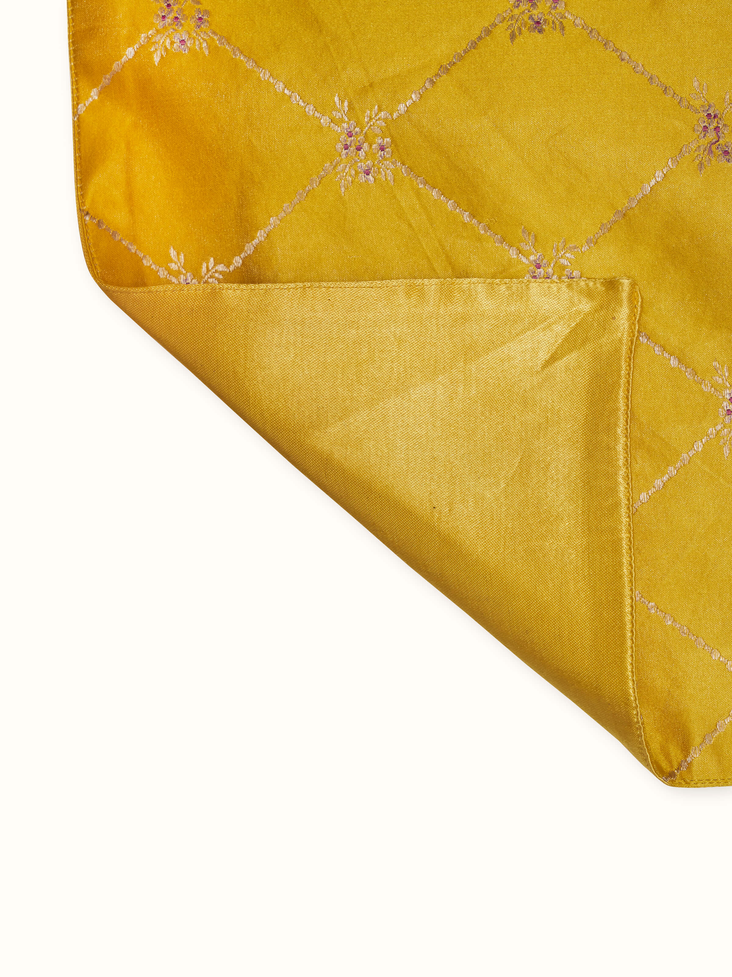 Back view showing the reverse finish and fine handloom texture of Mandana yellow Banarasi silk table mats