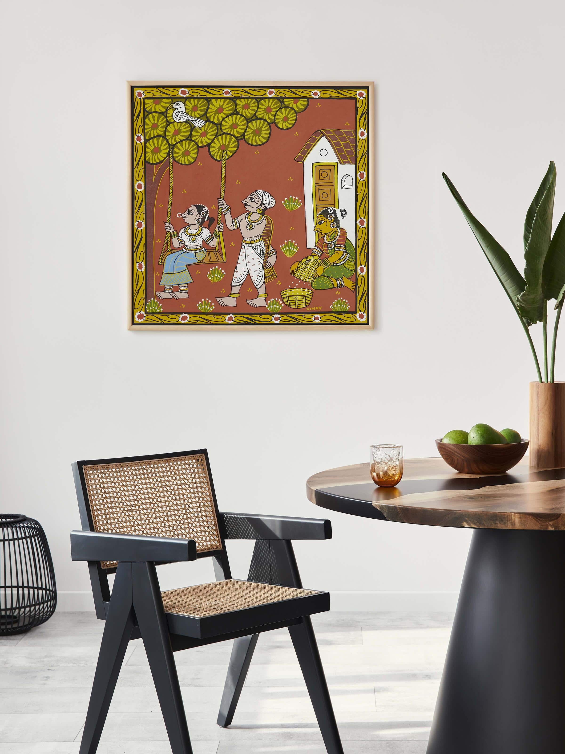 Side view of Cheriyal Swing Painting showcasing traditional art style and detailed work