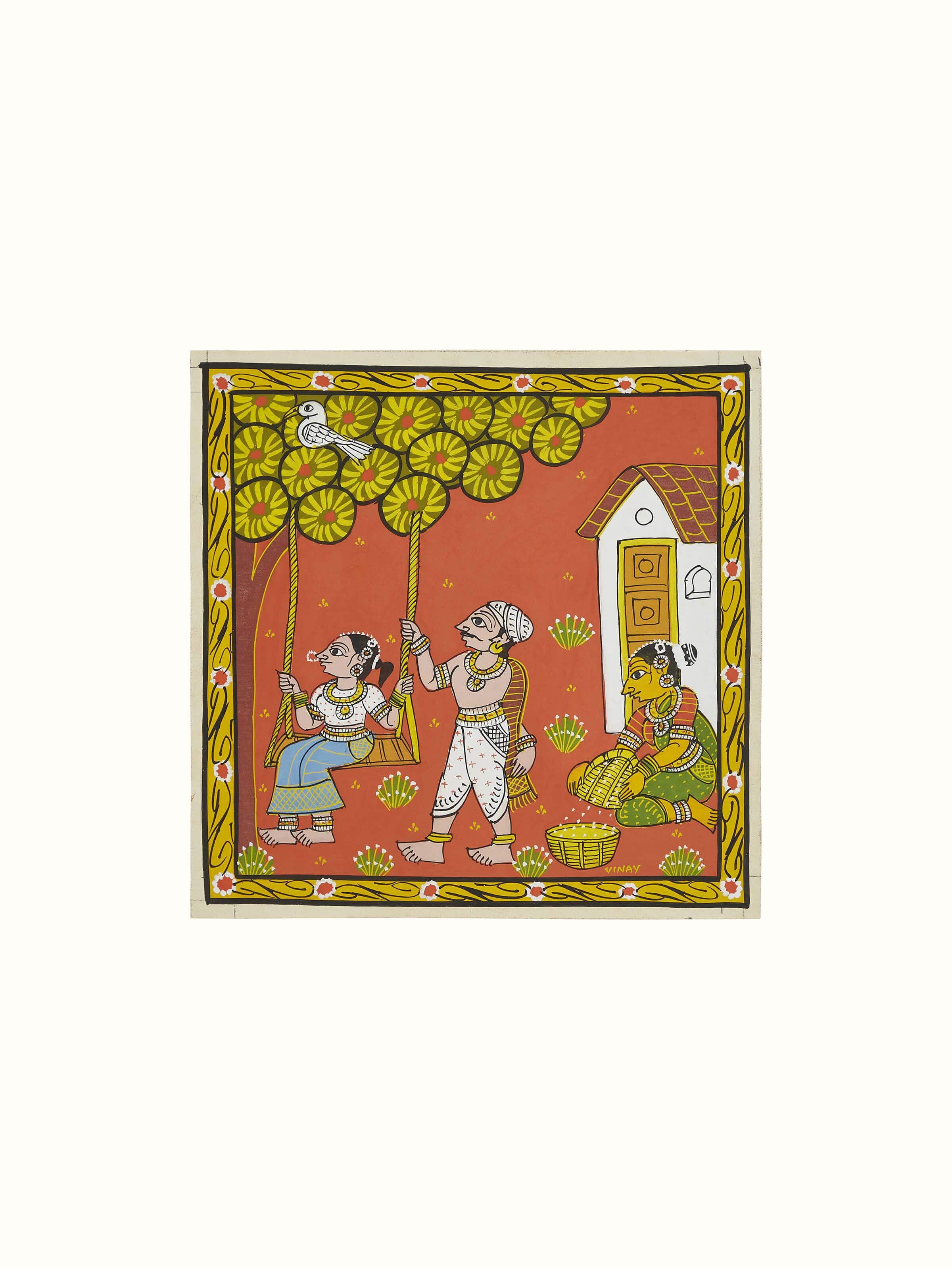 Detailed view of Cheriyal Swing Painting with vibrant colors and intricate storytelling elements
