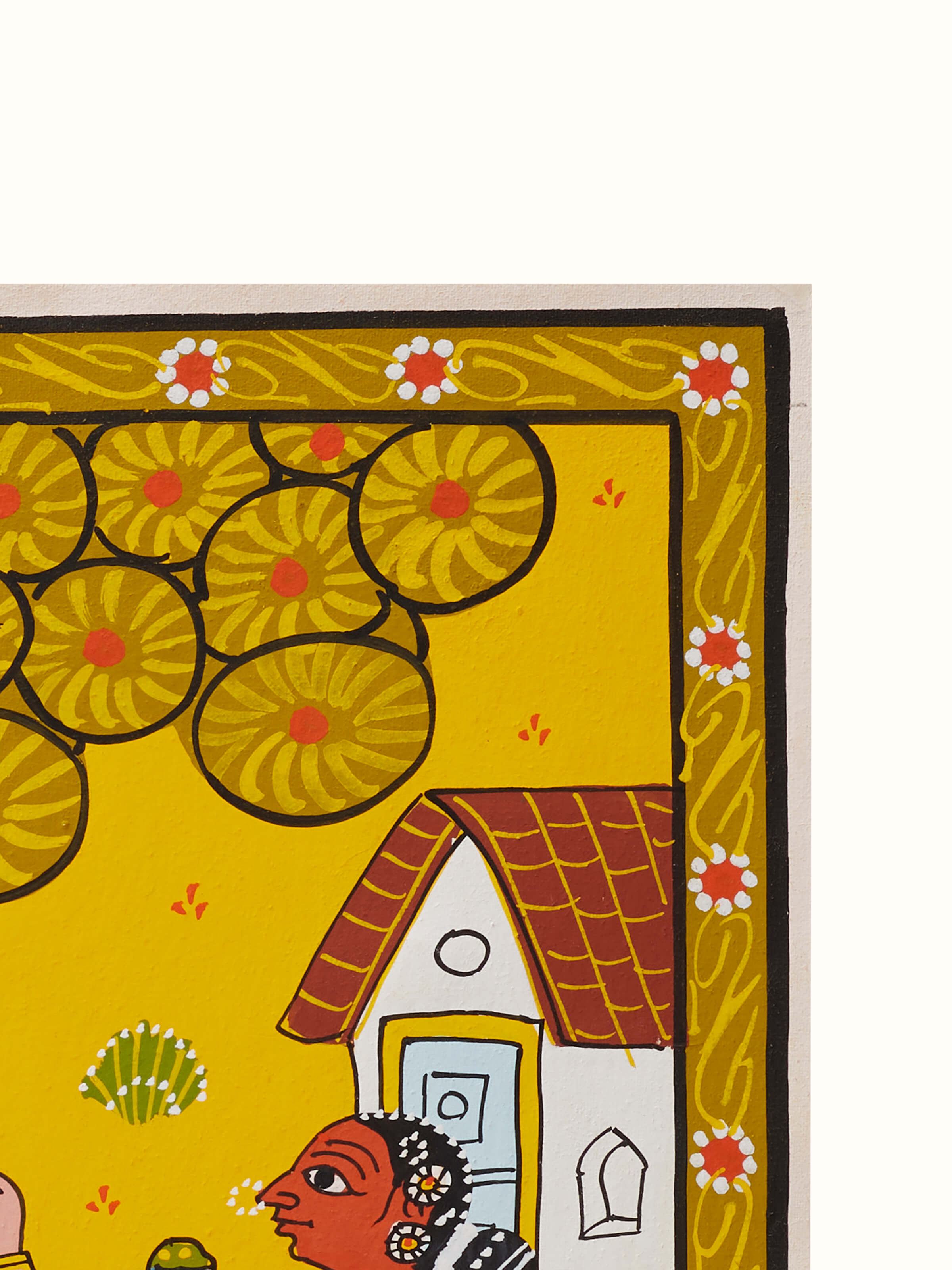 Side view of Cheriyal village celebration painting, emphasizing the festive atmosphere and traditional elements.