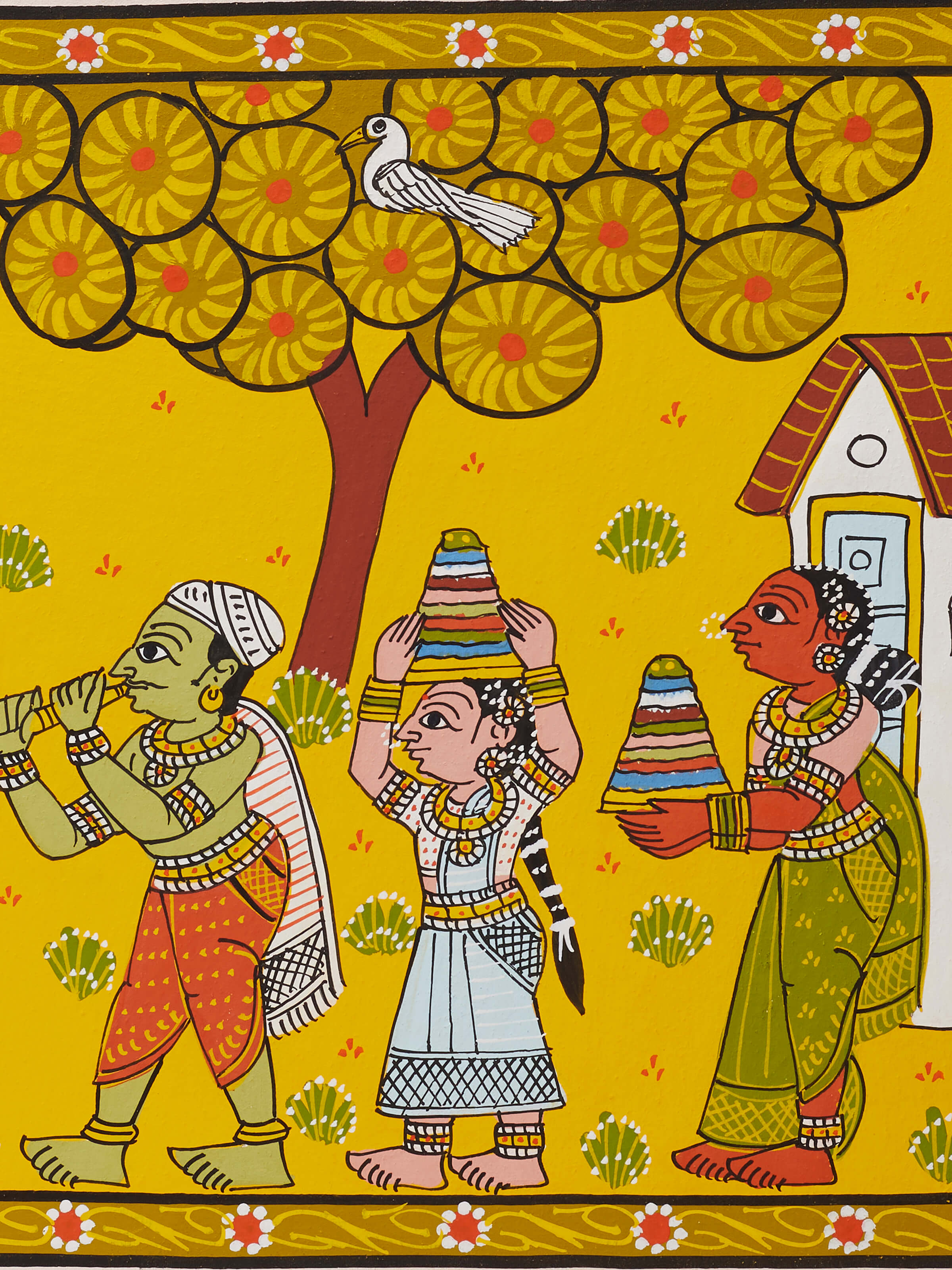 Detailed view of Cheriyal village celebration painting, highlighting intricate details and lively colors.