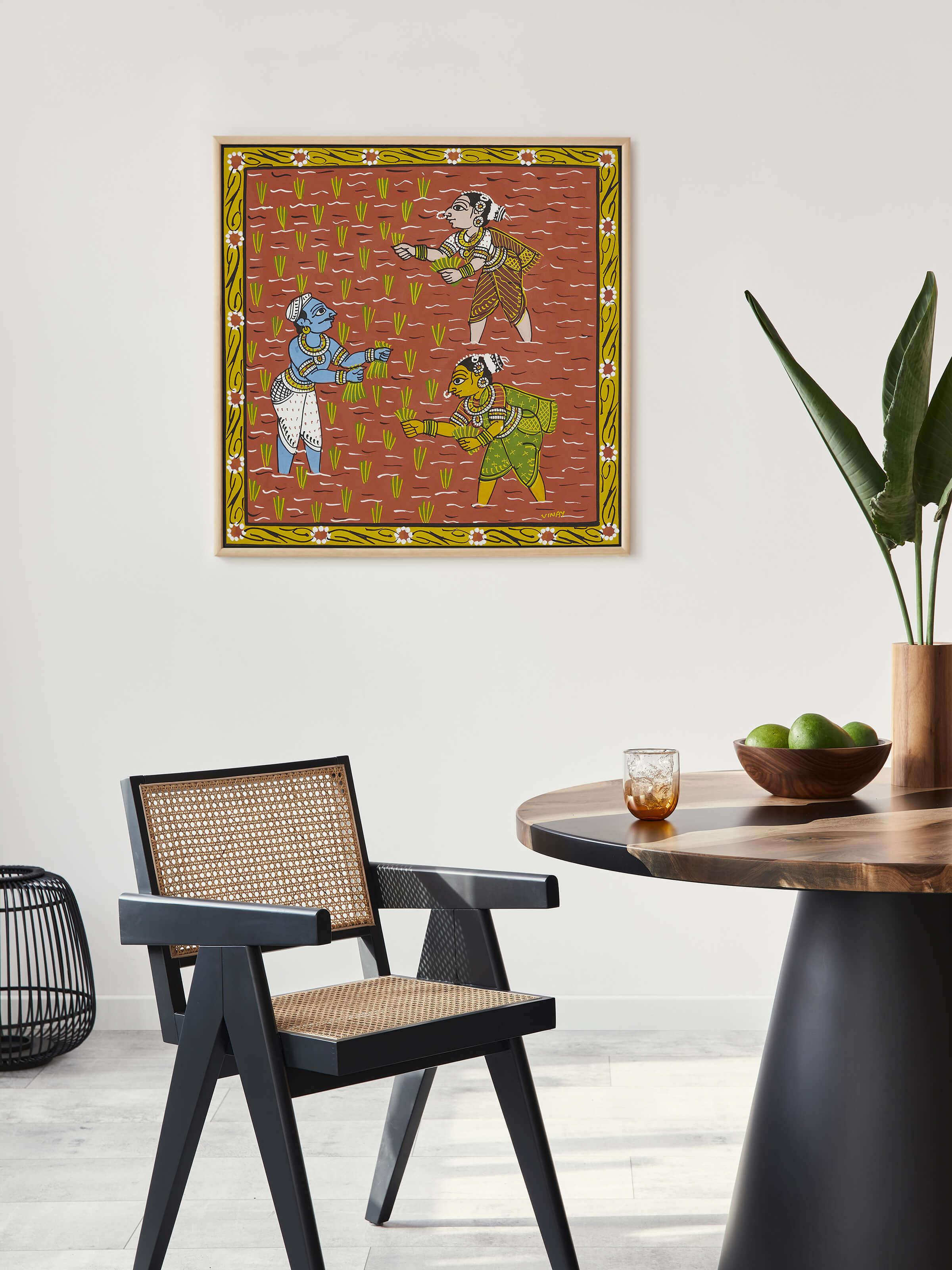Side view of Cheriyal farming painting showcasing its traditional art.