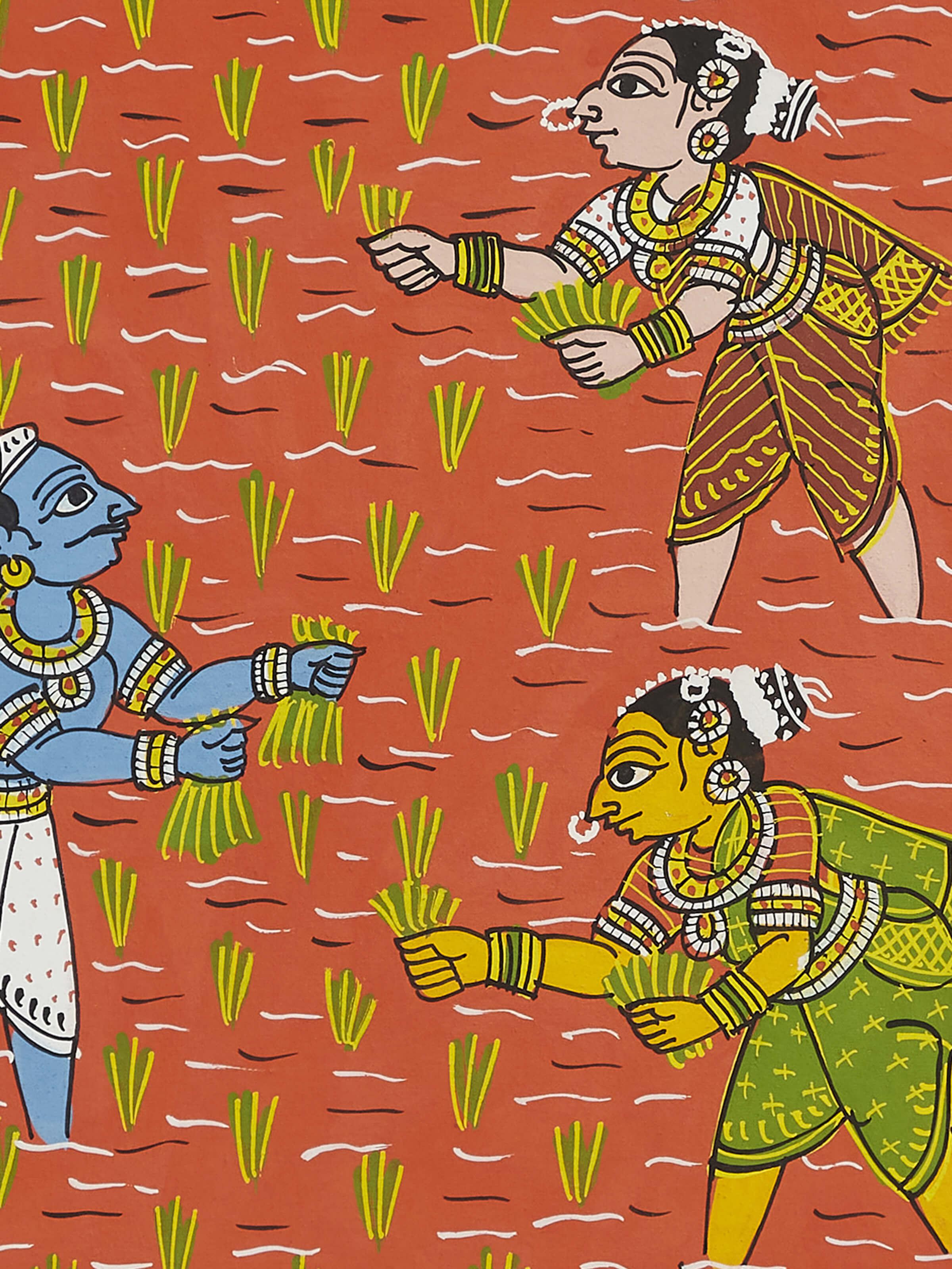 Angle view of Cheriyal farming painting emphasizing its details.