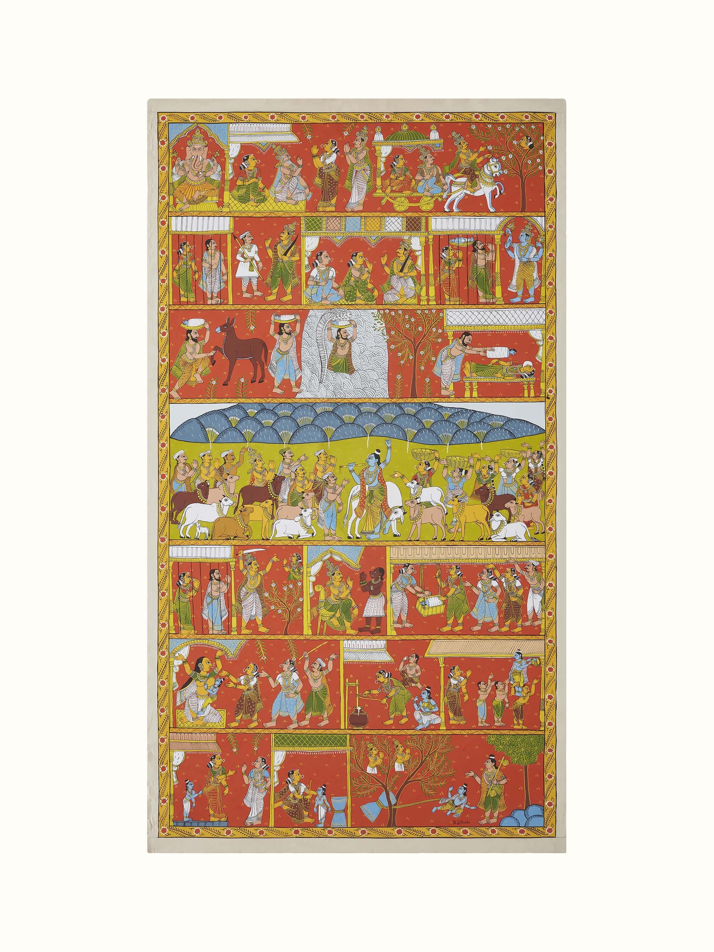 Front view of Cheriyal Govardhan Pooja painting highlighting vibrant colors and details