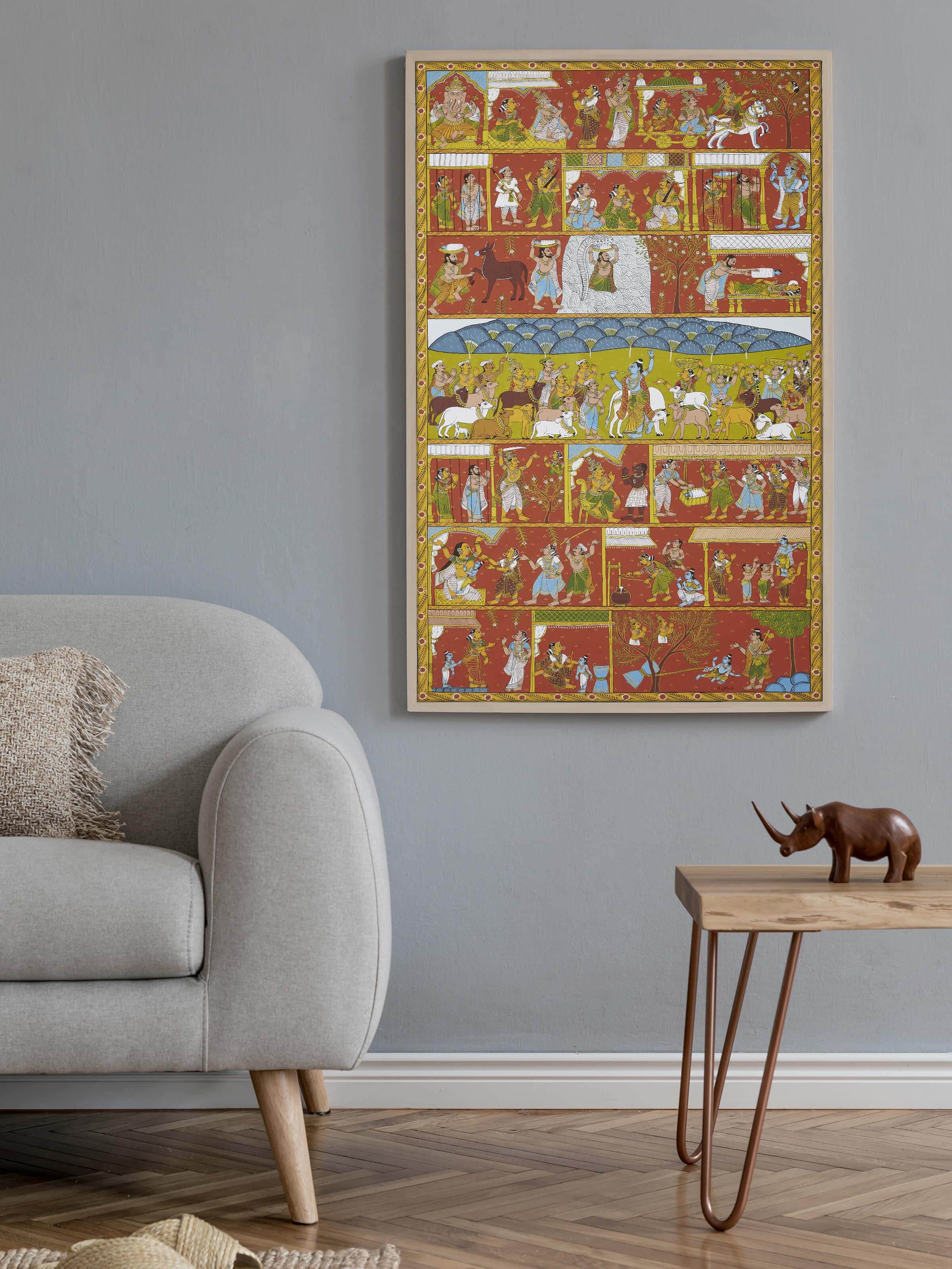 Side view of Cheriyal Govardhan Pooja painting showcasing traditional art style