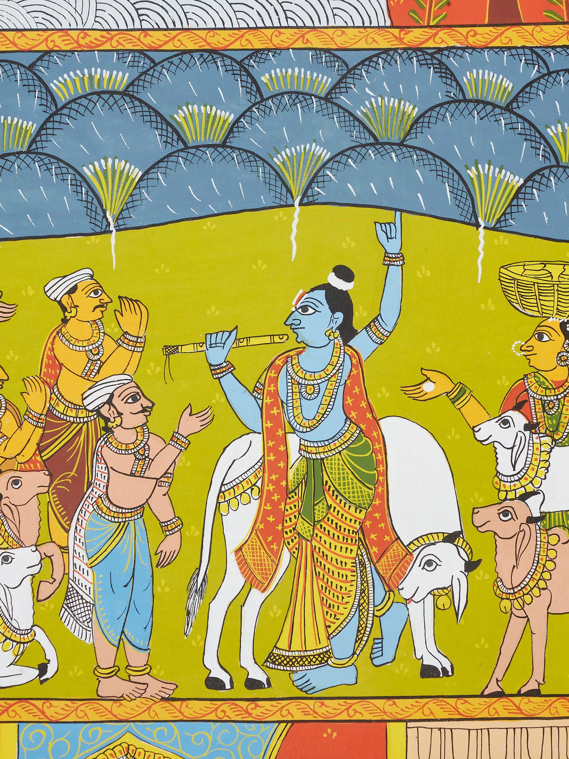 Detailed view of Cheriyal Govardhan Pooja painting focusing on artistic elements