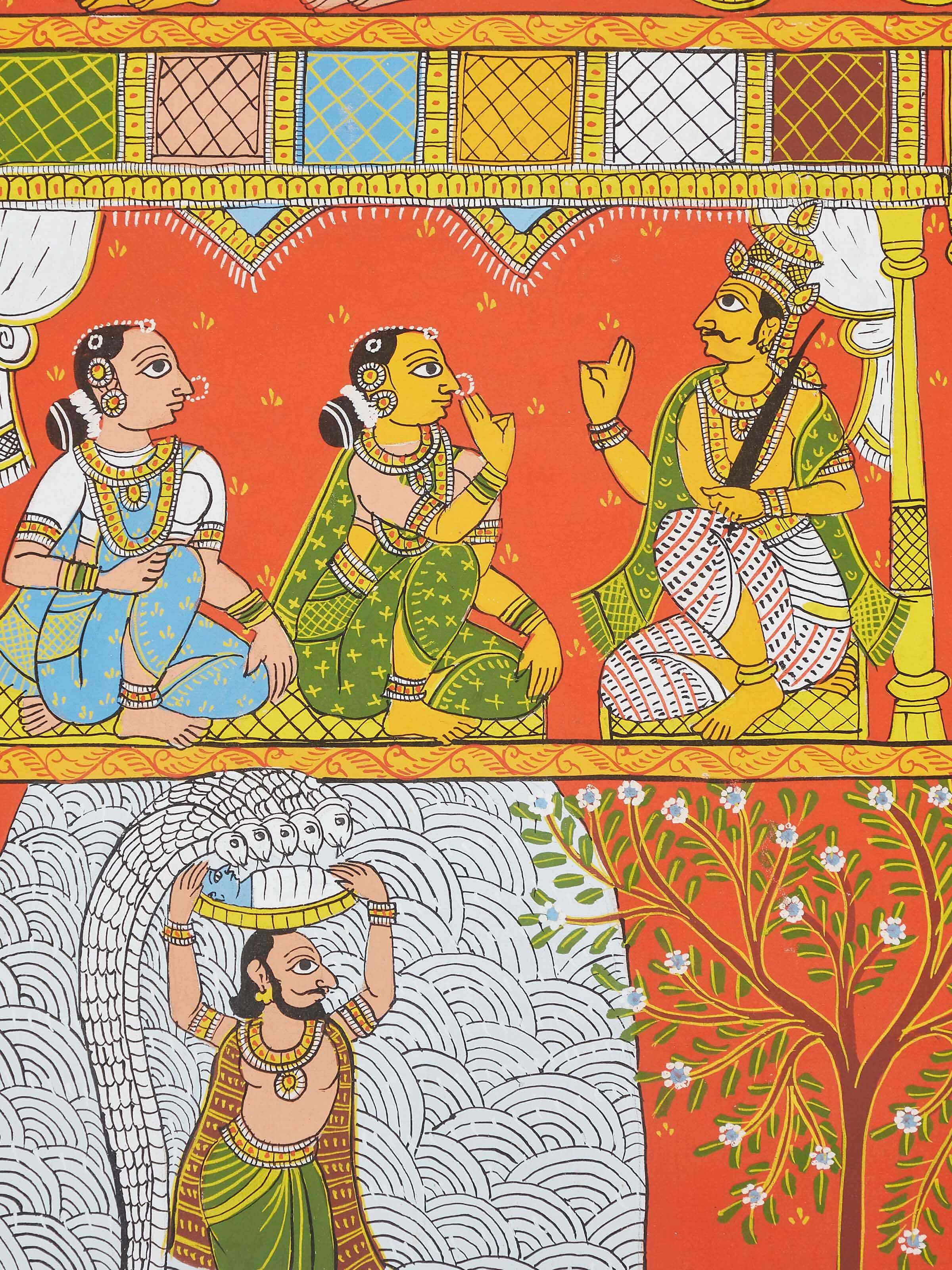 Detailed view of Cheriyal Govardhan Pooja painting focusing on the rich colors and patterns
