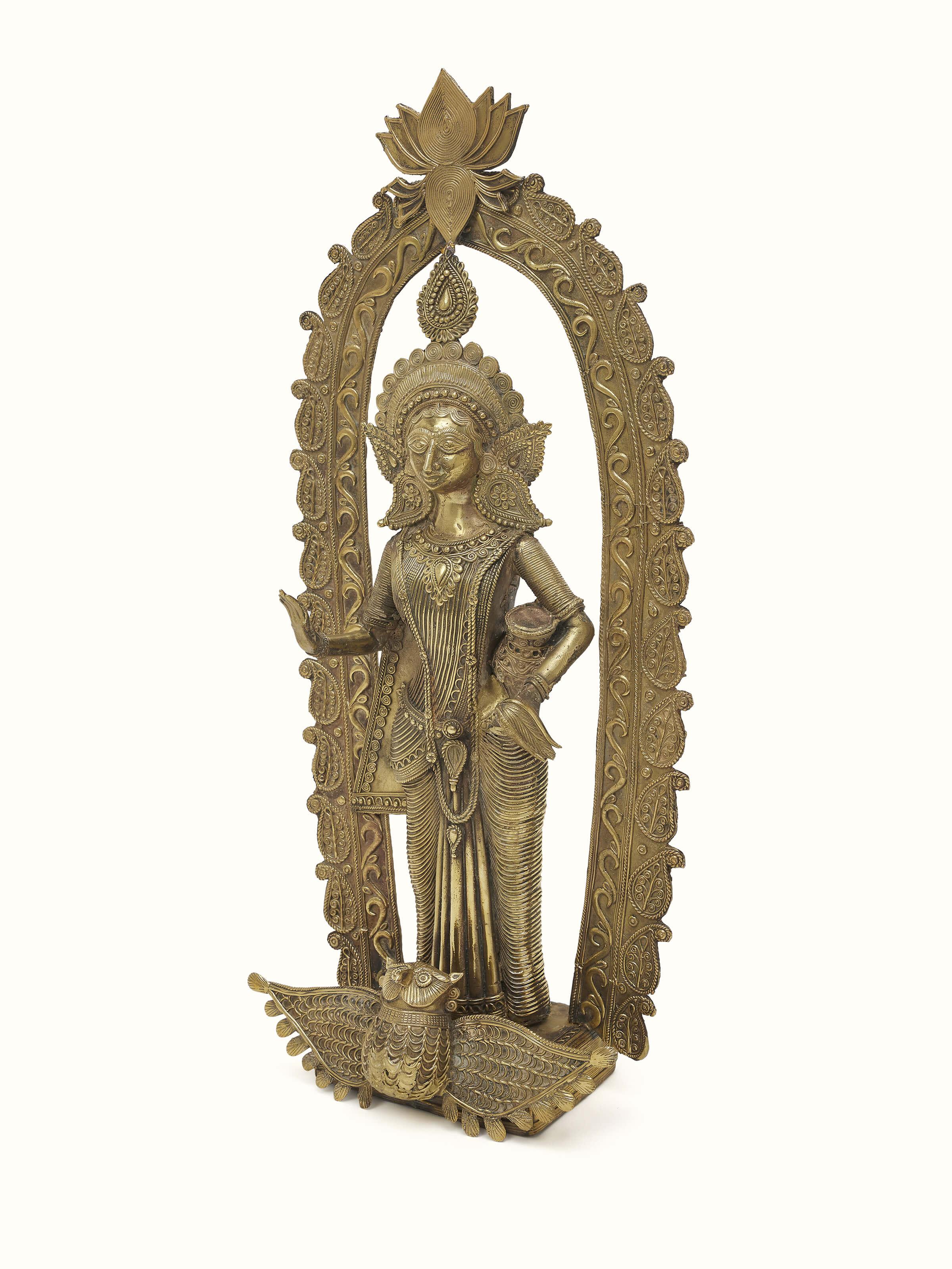Side view of Vasudha dhokra brass Lakshmi idol, showcasing the elegant design.